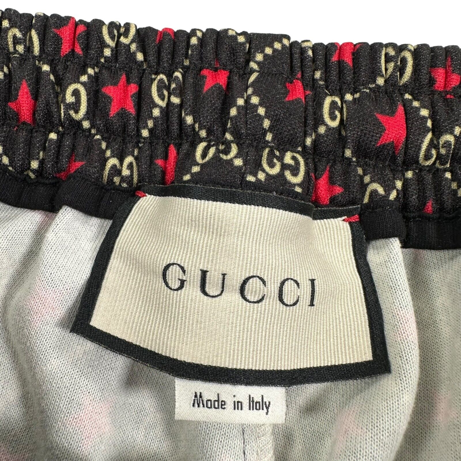 Gucci Size L Black Track Bottoms Interlocking GG Taped Leg Stripe Stars Logo