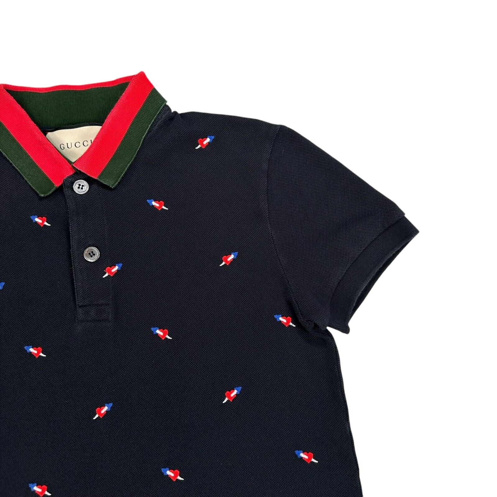 Gucci Size S Polo Shirt Navy Fully Embroidered Arrow/Heart Logo Taped Collar