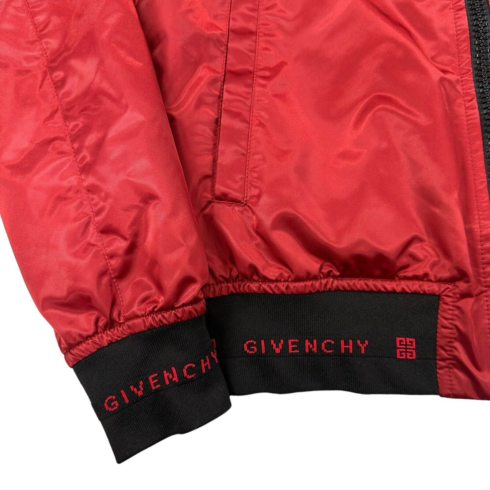 Givenchy Size S Red Bomber Jacket Satin Wrap Around Hem/Sleeve Logo Zip Up