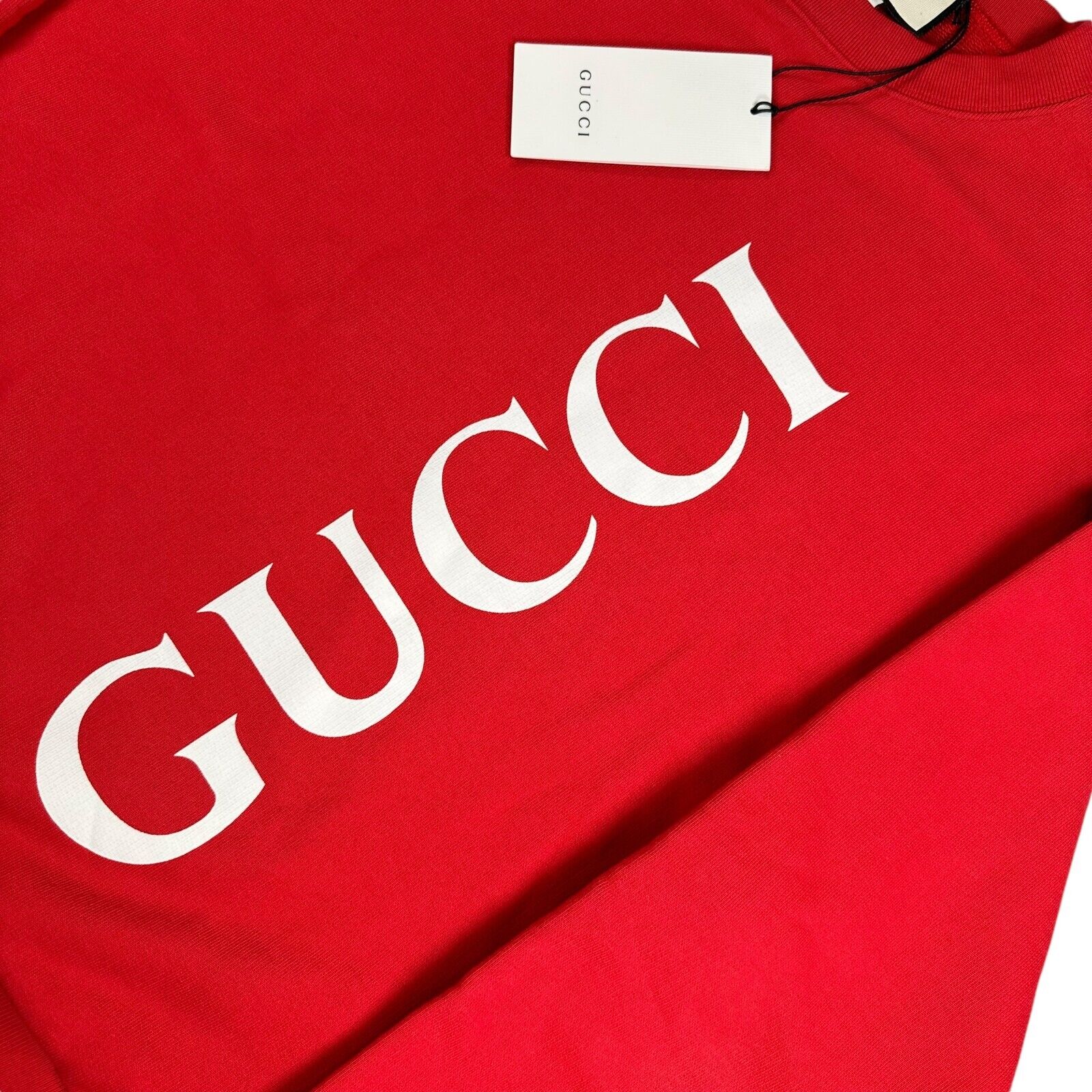 Gucci Size S Sweatshirt Rich Red Full Graphic Print Vertical Logo Pullover Crew