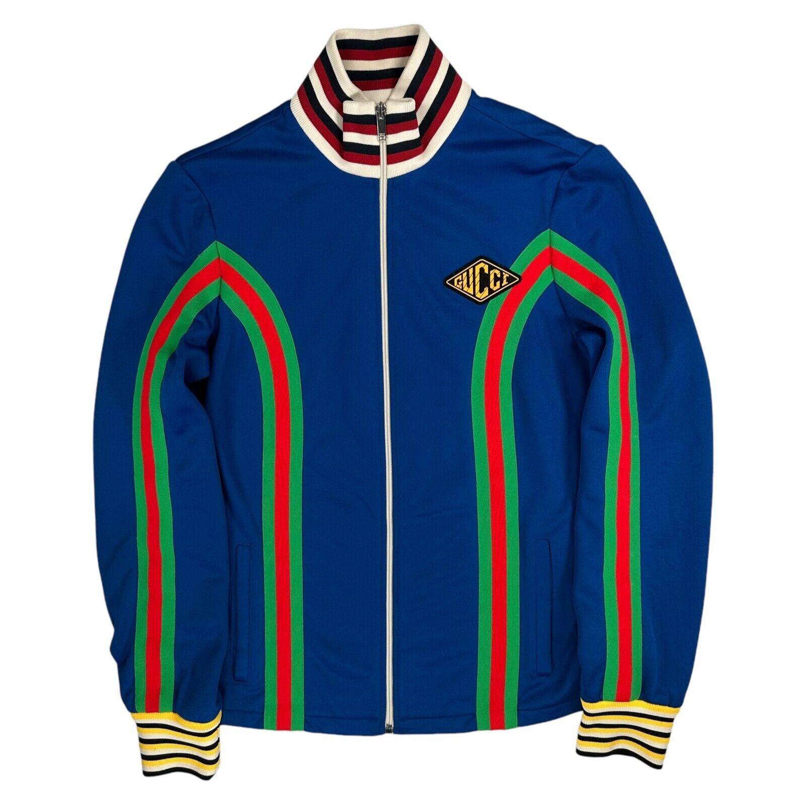 Gucci Size M Track Jacket Blue Fully Taped Striped Tennis Style Chest Logo Zip