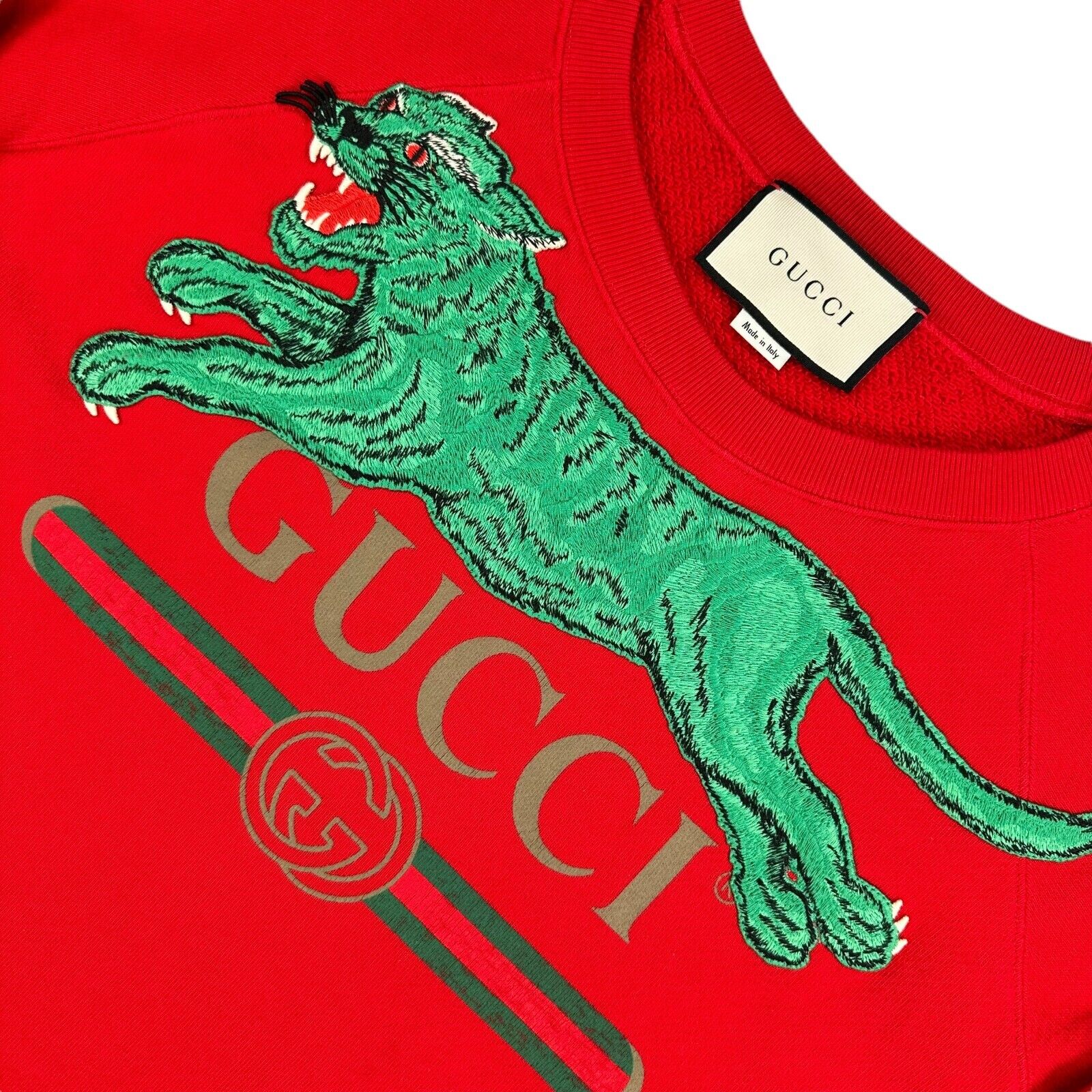 Gucci Size L Red Sweatshirt Leopard Embroidered Logo Belt Graphic Crewneck