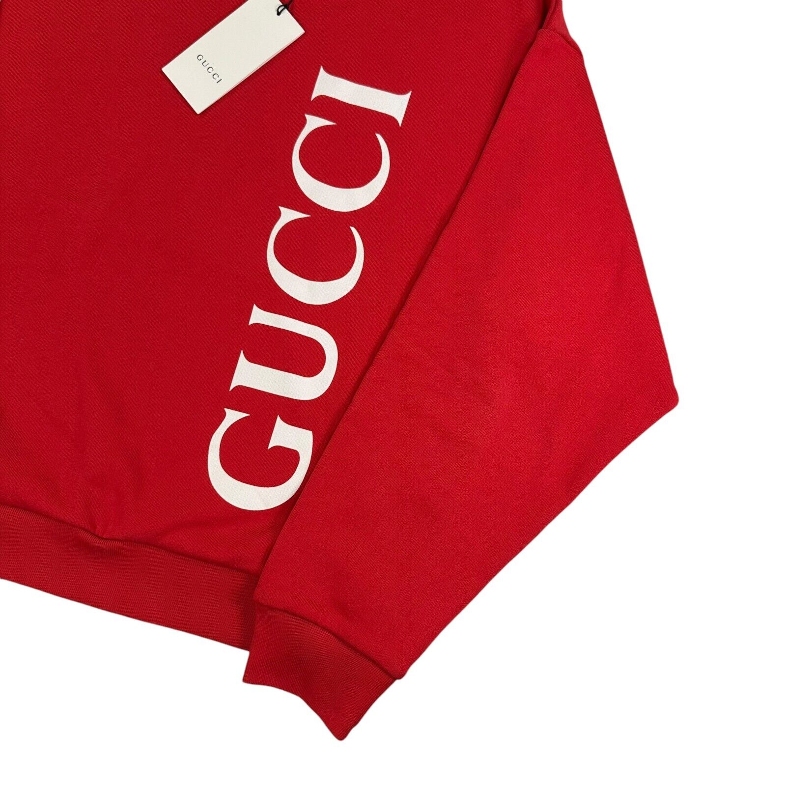 Gucci Size S Sweatshirt Rich Red Full Graphic Print Vertical Logo Pullover Crew