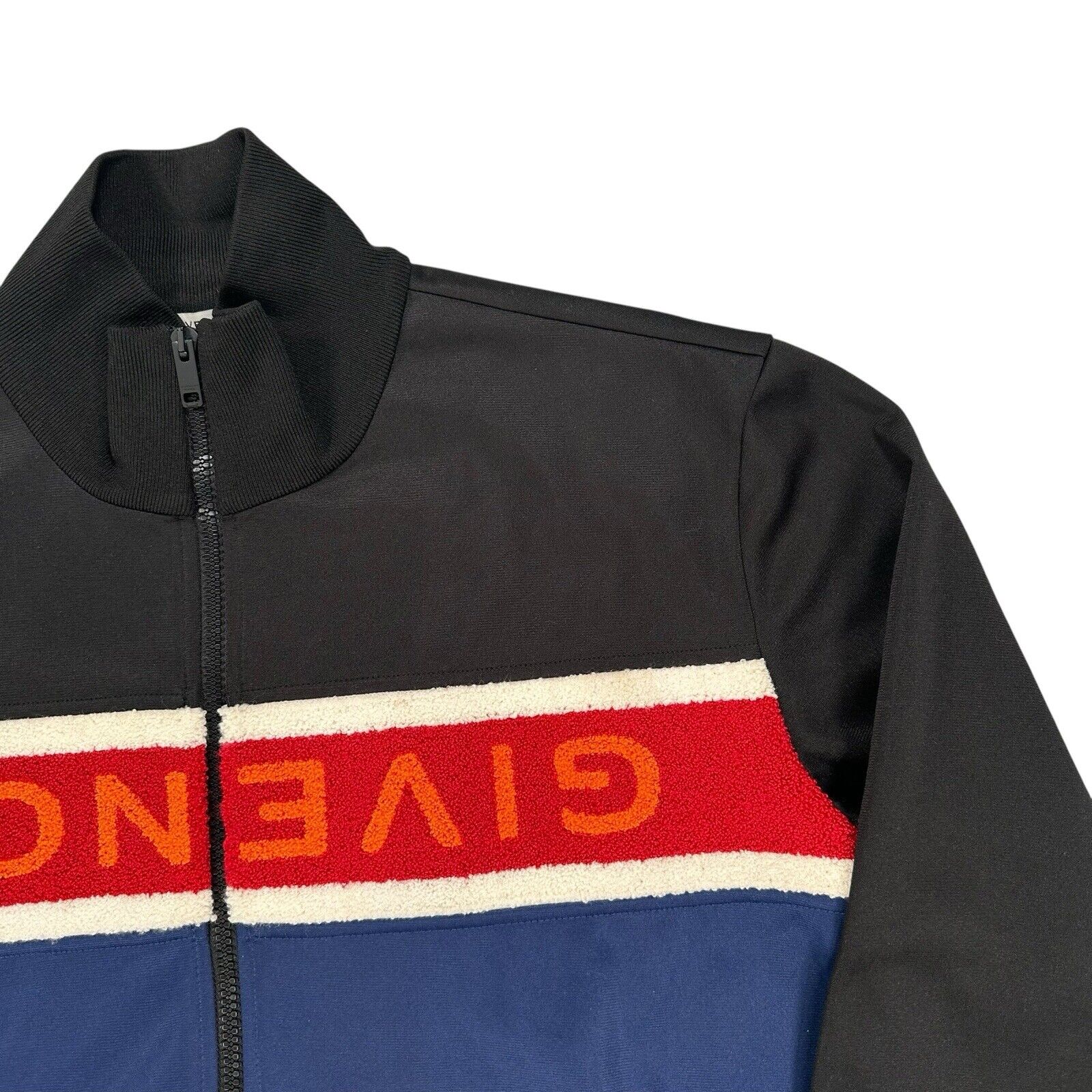 Givenchy Size L Track Jacket Black Blue Upside Down Red Fleece Logo Zip Up Wind