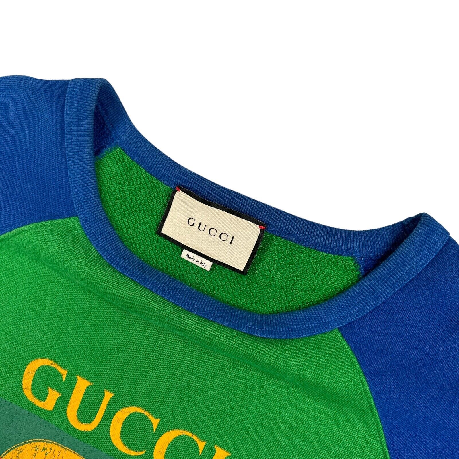 Gucci Size S Sweatshirt Green Blue Vintage Logo Oversized Round Neck Heavy