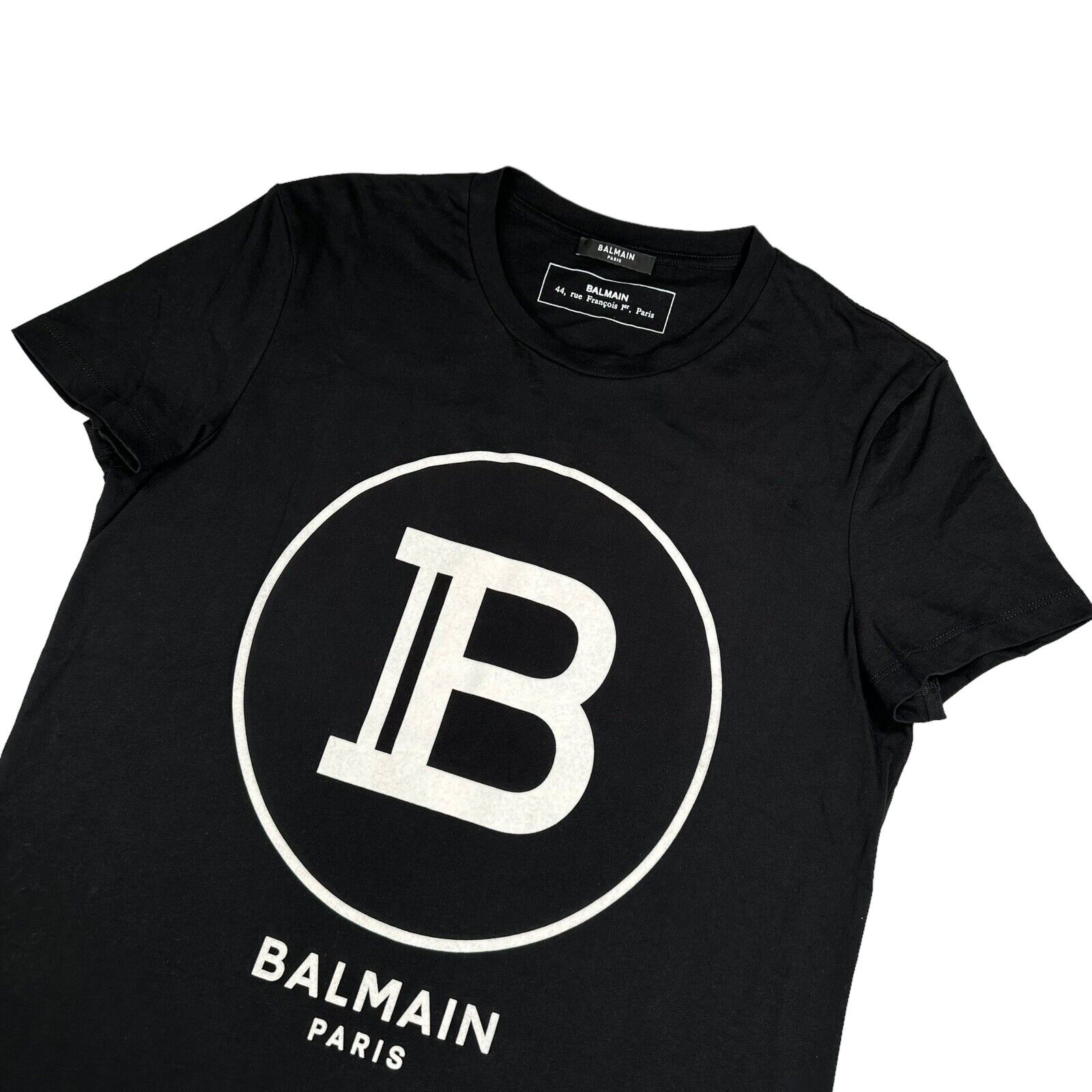 Balmain Size S T-Shirt Black Big B Graphic Print Velvet Logo Tee Cotton