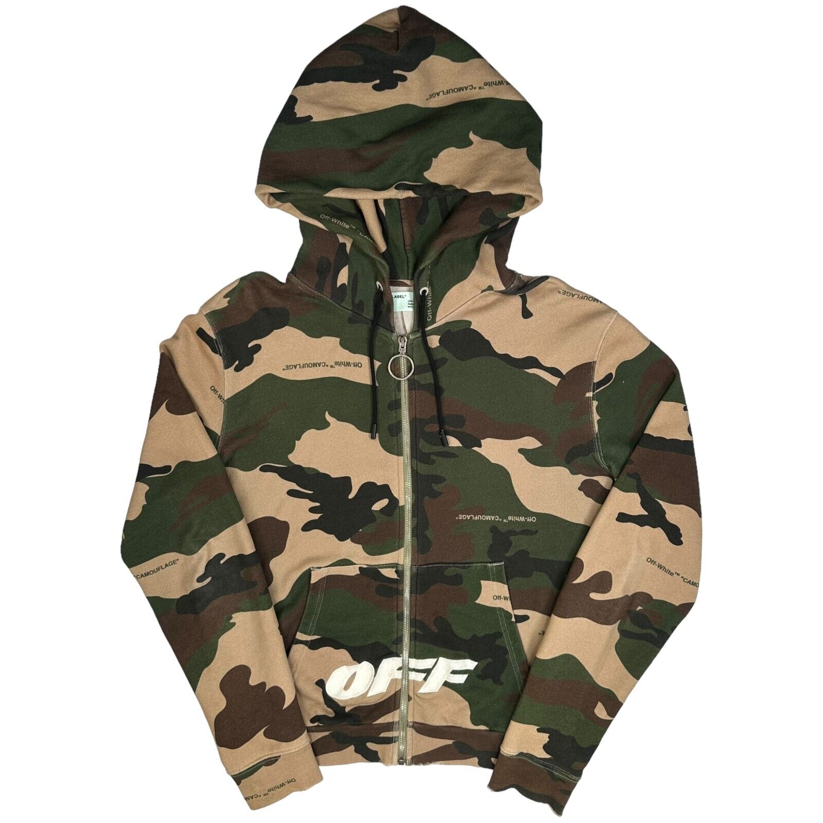 Off-White Size M Jacket Zip Up Distressed Camo Brown Embroidery Logo Hoodie