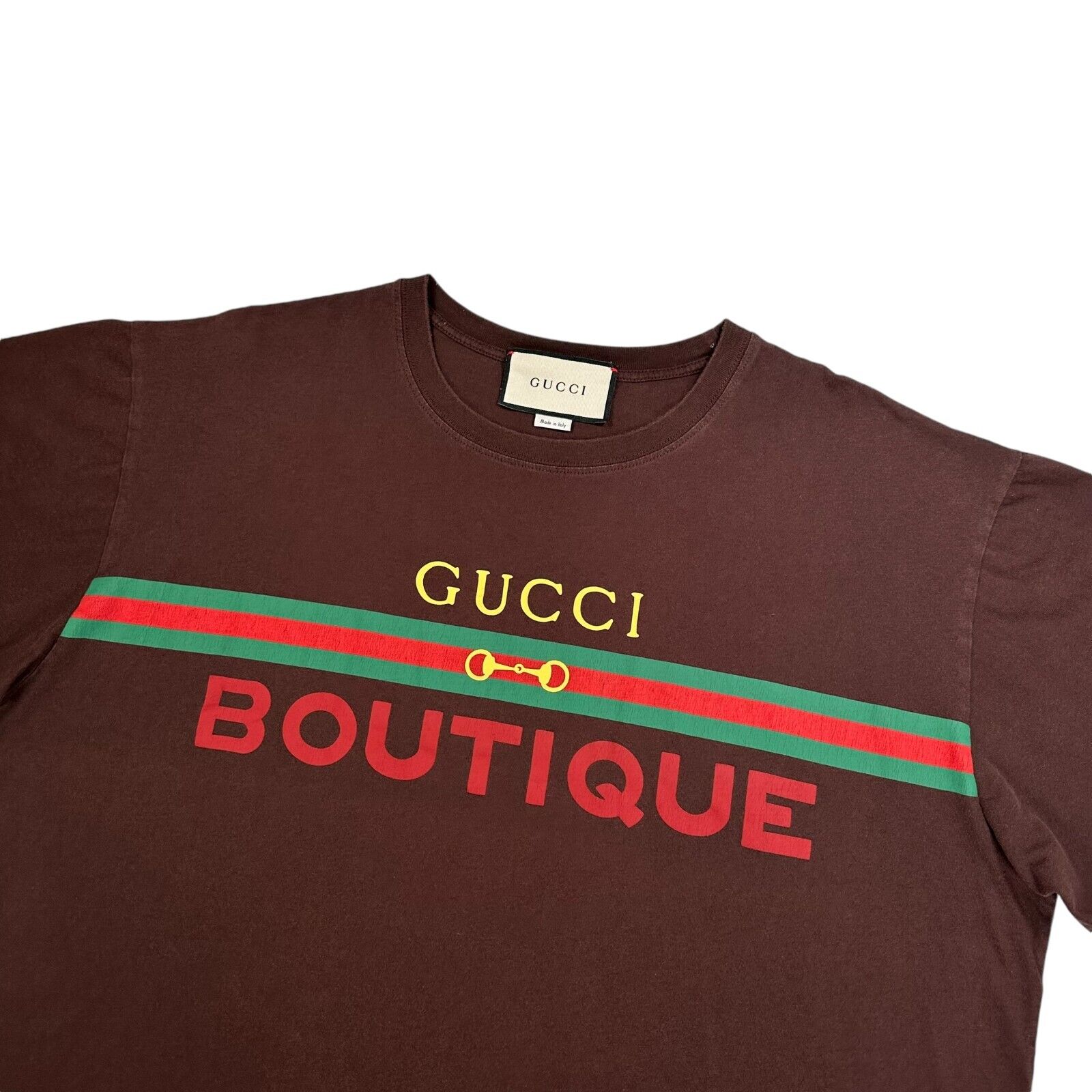 Gucci Size XL T-Shirt Brown Belt Buckle Graphic Print Logo Cotton Tee