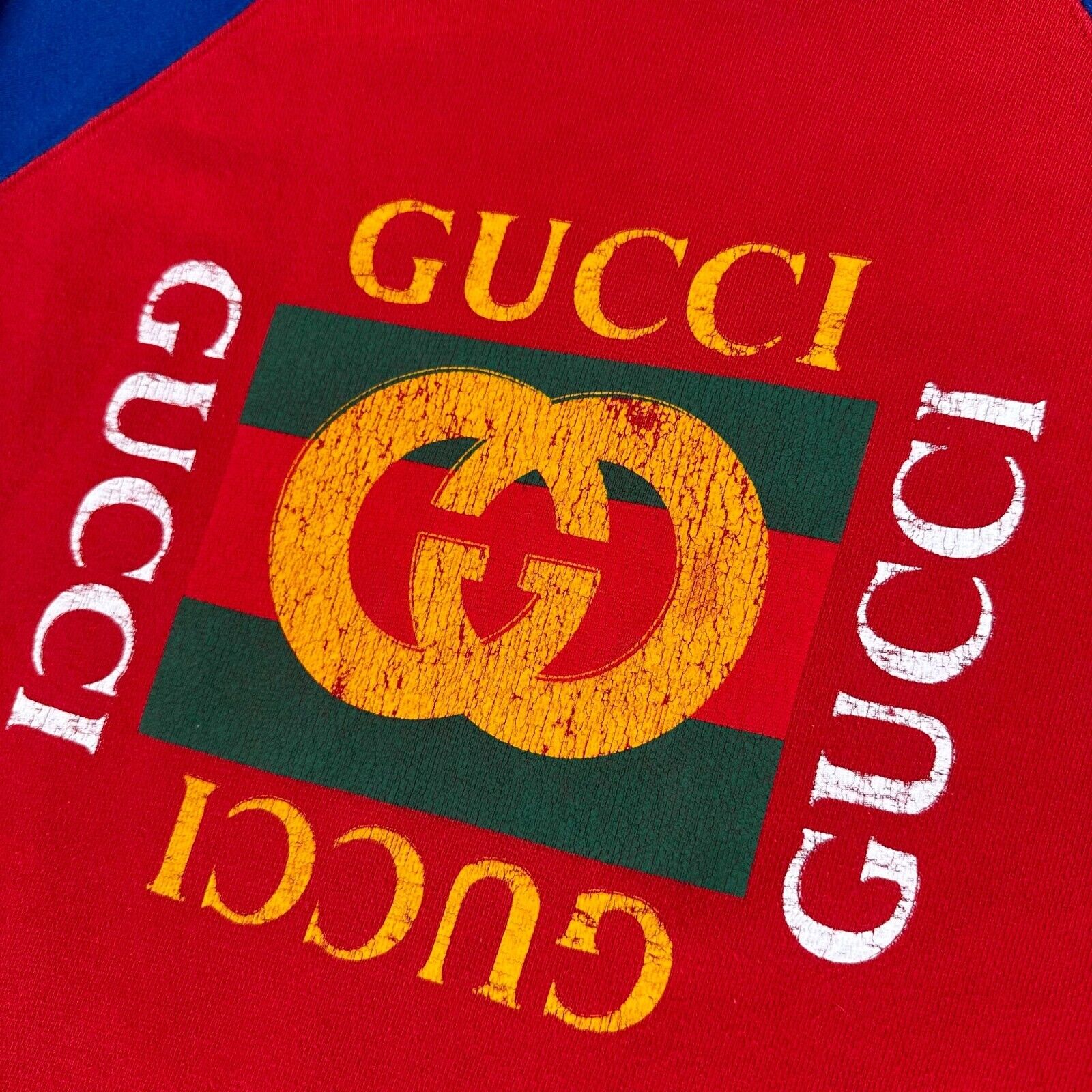 Gucci Size S Sweatshirt Red Blue Cotton Jersey Logo Print Pullover Crewneck