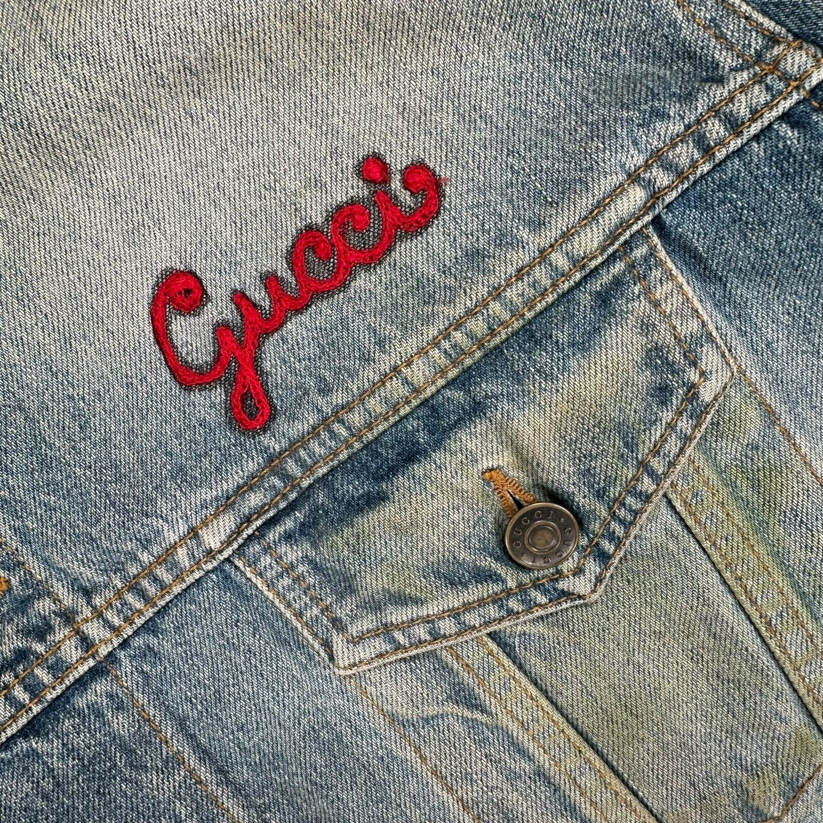 Gucci Size S Blue Denim Jacket Distressed Mon Petit Chat Embroidered Logo Button