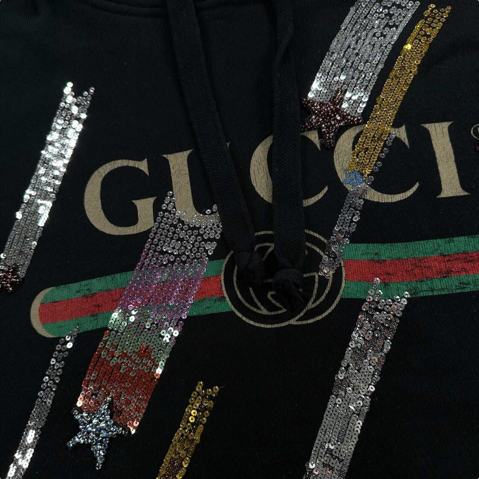 Gucci Size S Black Sweatshirt Hoodie Shooting Stars Sequin Logo Interlocking GG