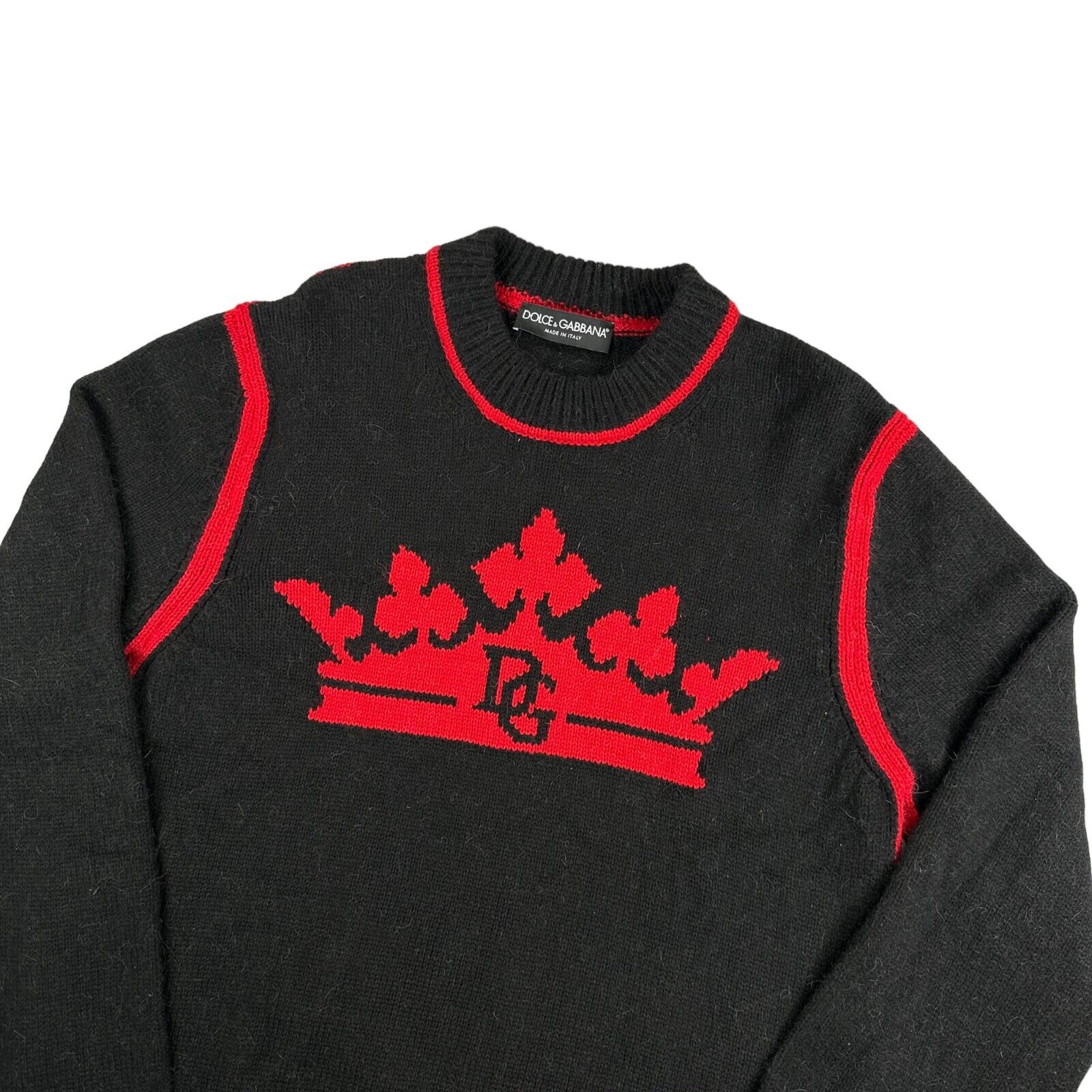 Dolce & Gabbana Size M Wool Jumper Black Red DG King Crown Logo Pullover Sweater