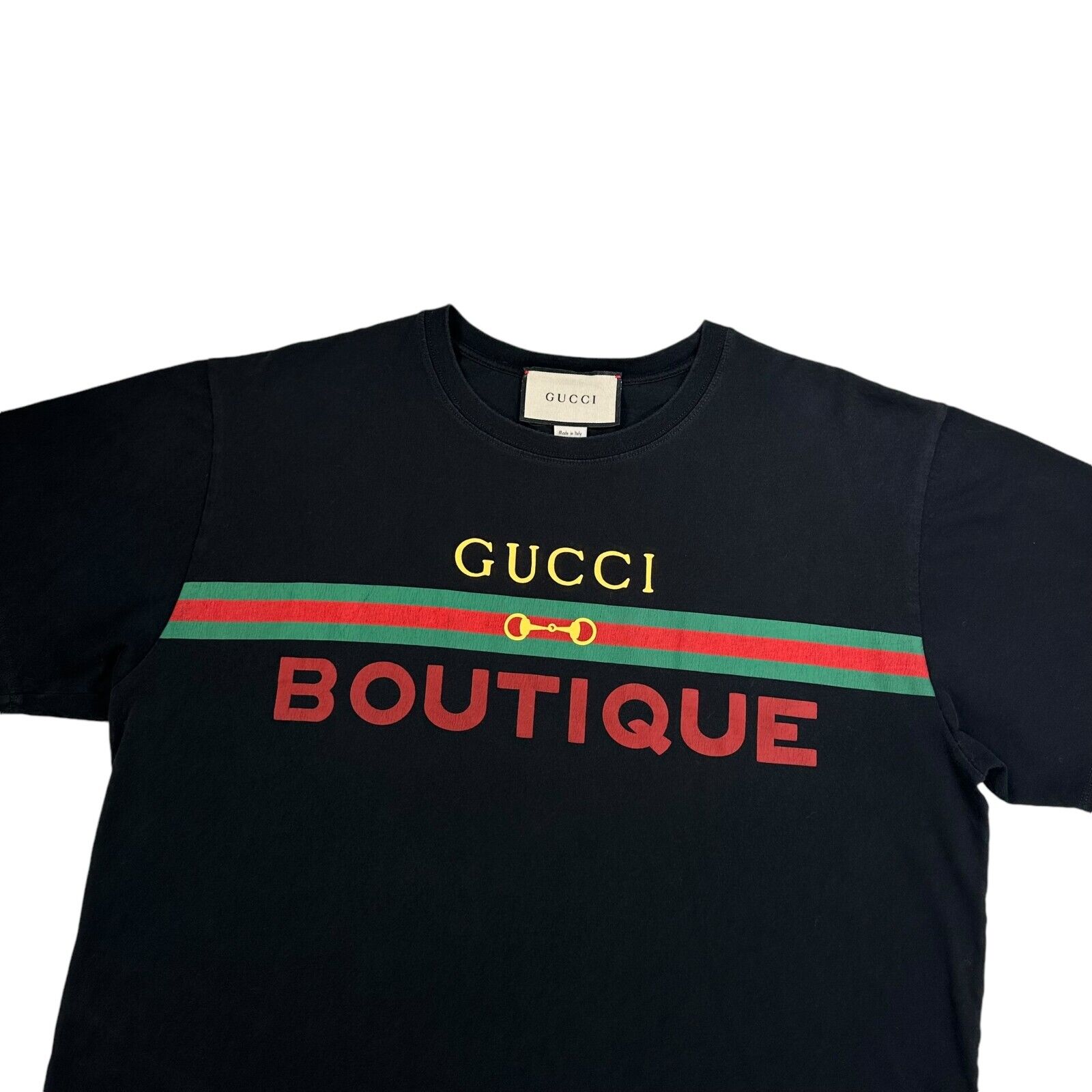 Gucci Size L T-Shirt Black Boutique Belt Buckle Graphic Print Logo Cotton Tee