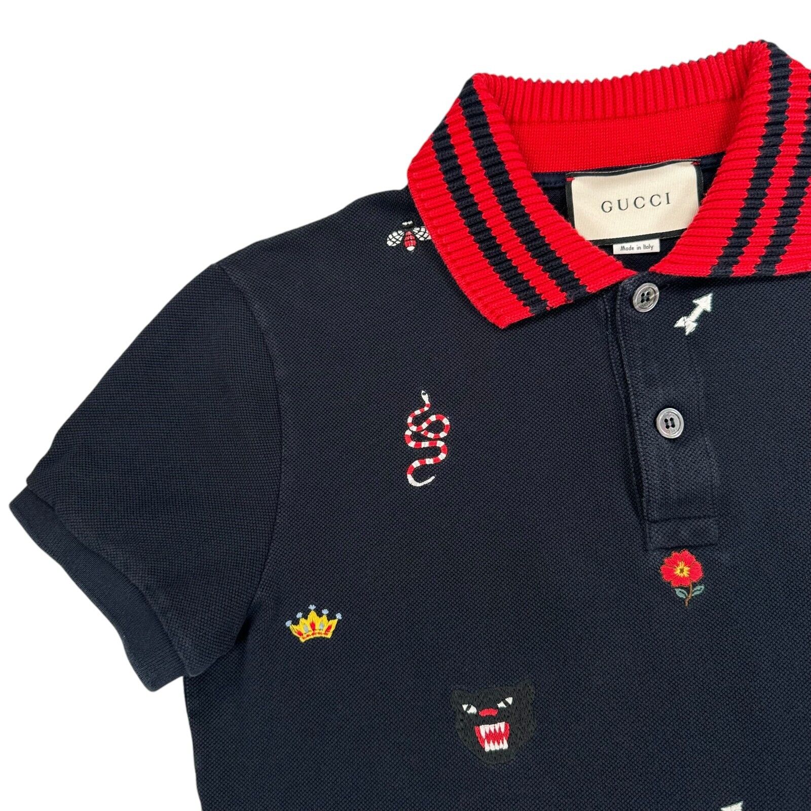 Gucci Size M Polo Shirt Navy Embroidered Motifs Logo Ribbed Wool Collar Button