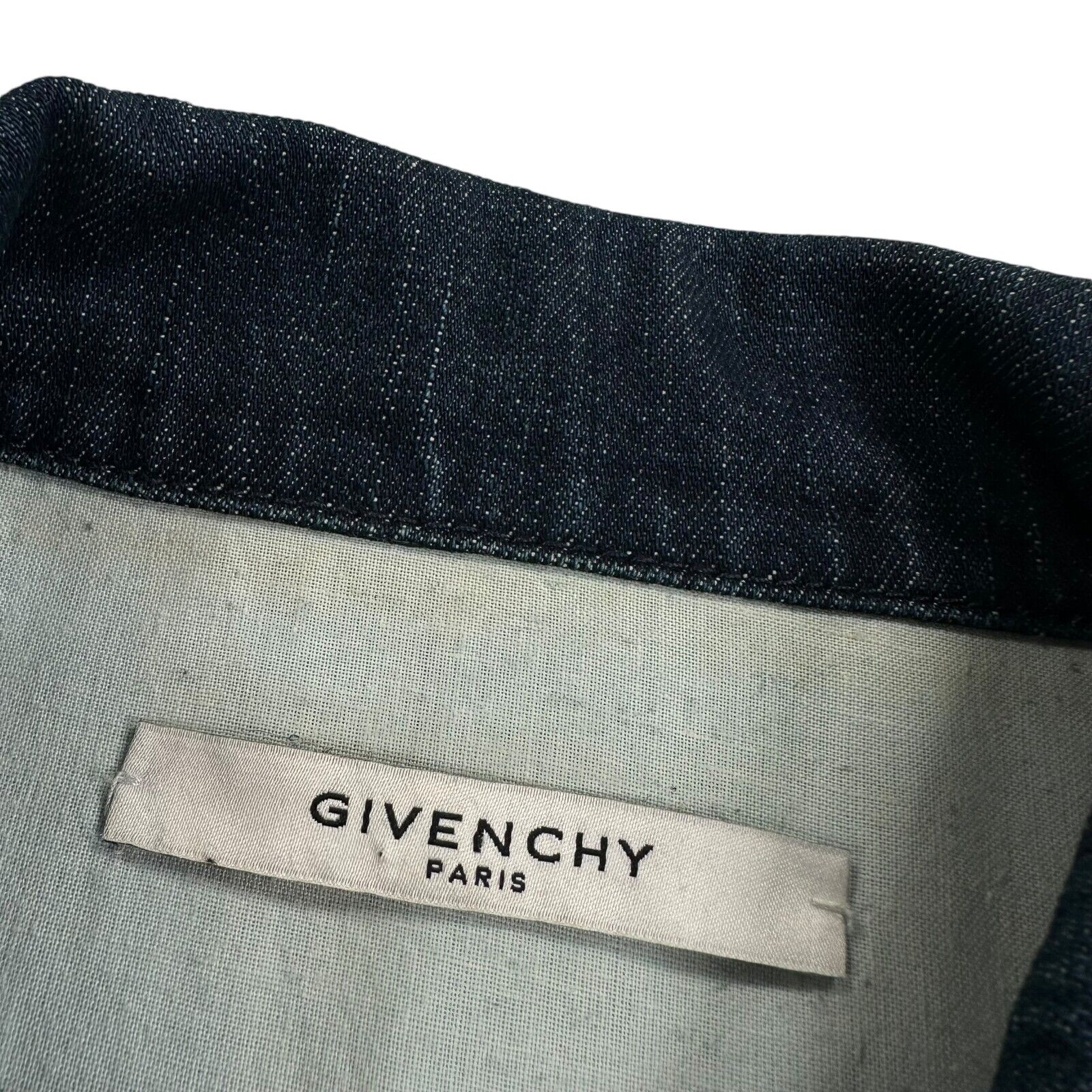 Givenchy Size M Denim Jacket Acid Wash Deep Blue Back Logo Spray Paint Button Up