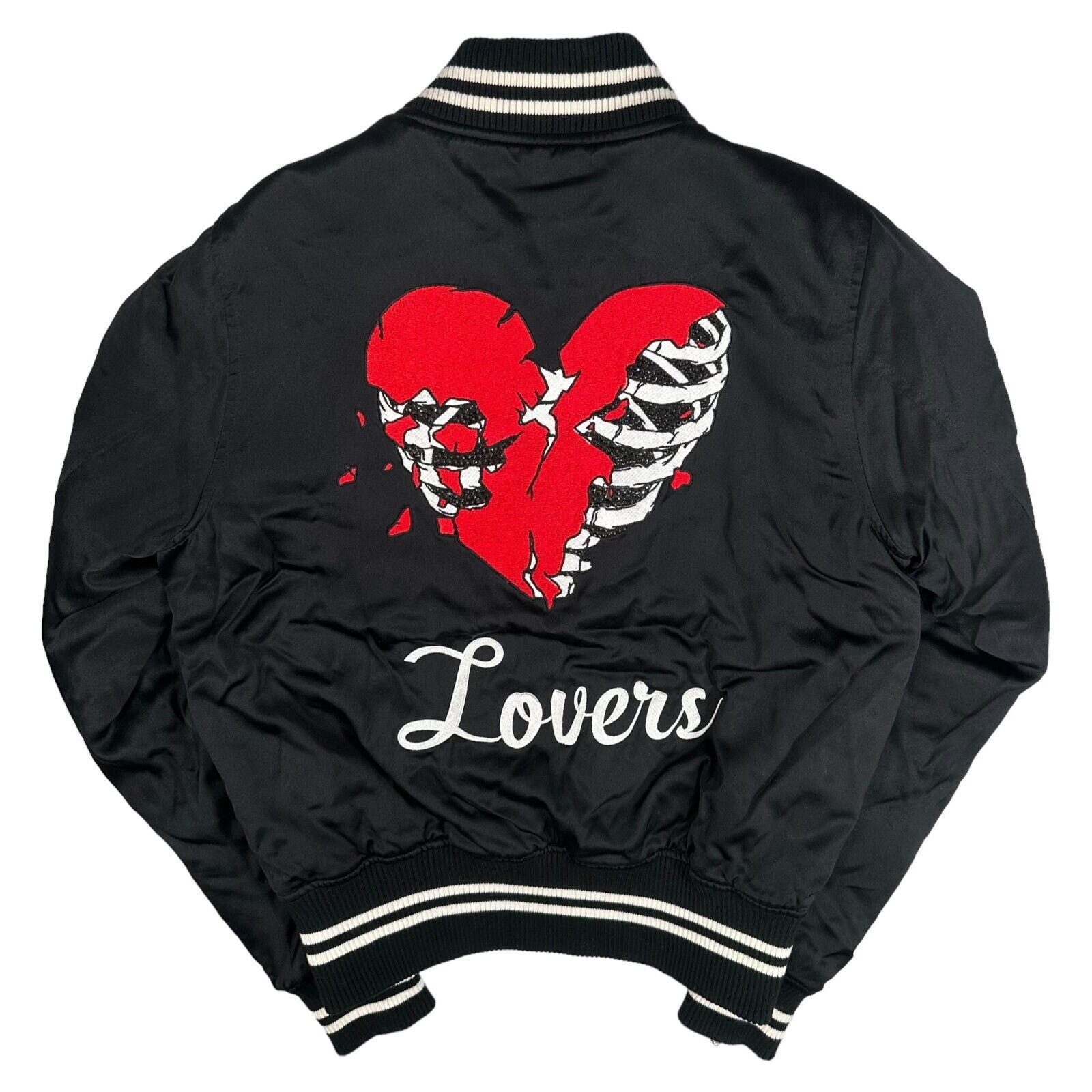 Amiri Size M Bomber Jacket Black Lovers Embroidered Logo Rhinestone Heart