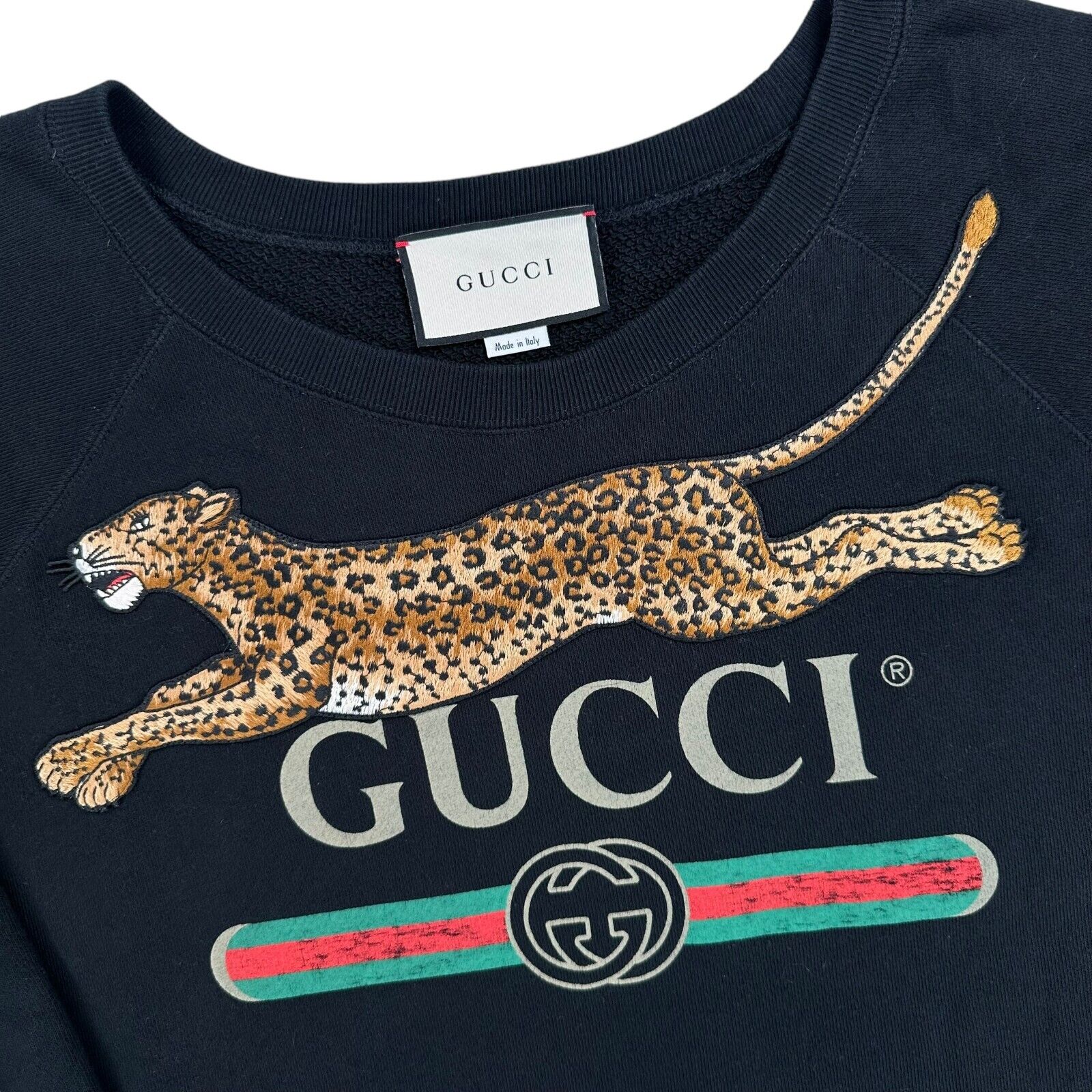 Gucci Size XL Sweatshirt Black Classic Chest Logo Embroidered Leopard Crewneck