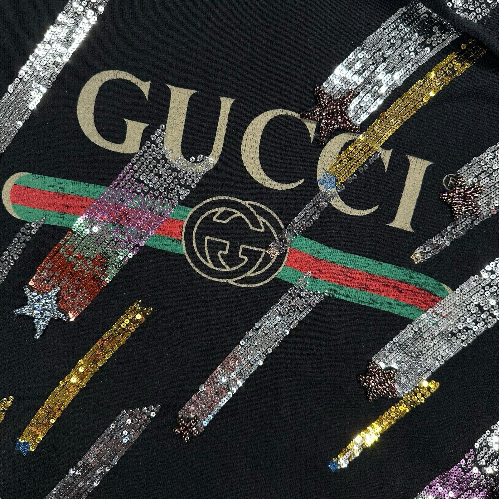 Gucci Size S Black Sweatshirt Hoodie Shooting Stars Sequin Logo Interlocking GG