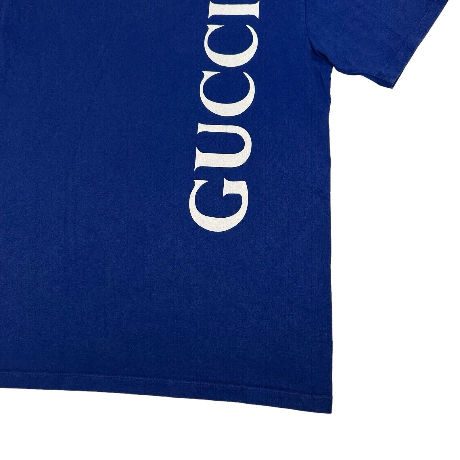 Gucci Size M T-Shirt Deep Blue Vertical Logo Heavyweight Crewneck Cotton Tee