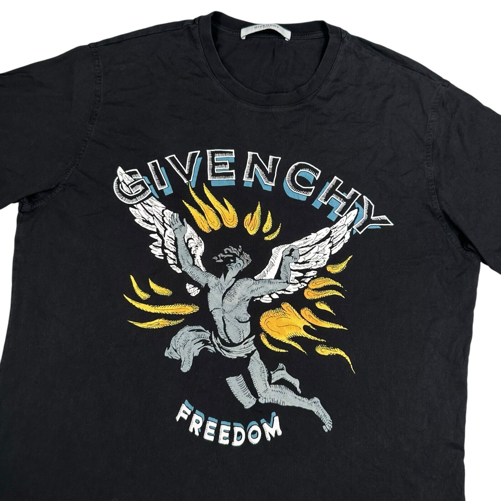 Givenchy Size L T-Shirt Black Angel Fire Freedom Graphic Round Neck Cotton Tee