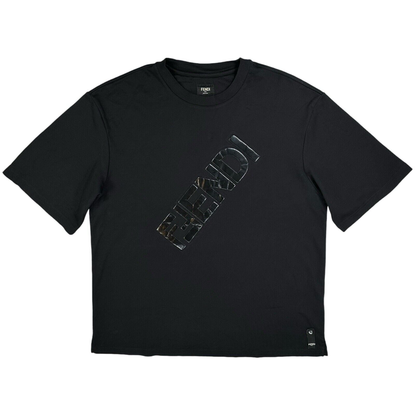 Fendi Size M T-Shirt Black Big Raised Block Chest Logo Heavyweight Cotton Tee