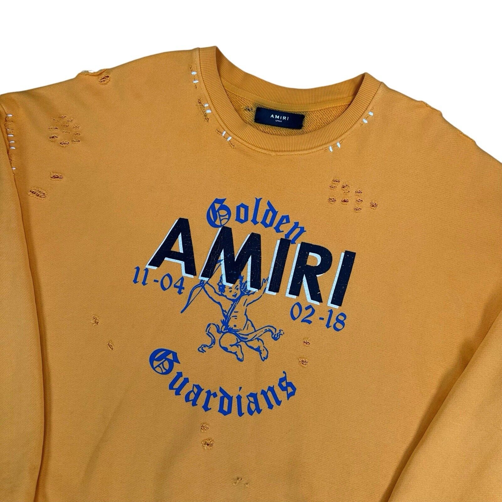 Amiri Size L Sweatshirt Yellow Oversized Distressed Golden Guardians Patchwork