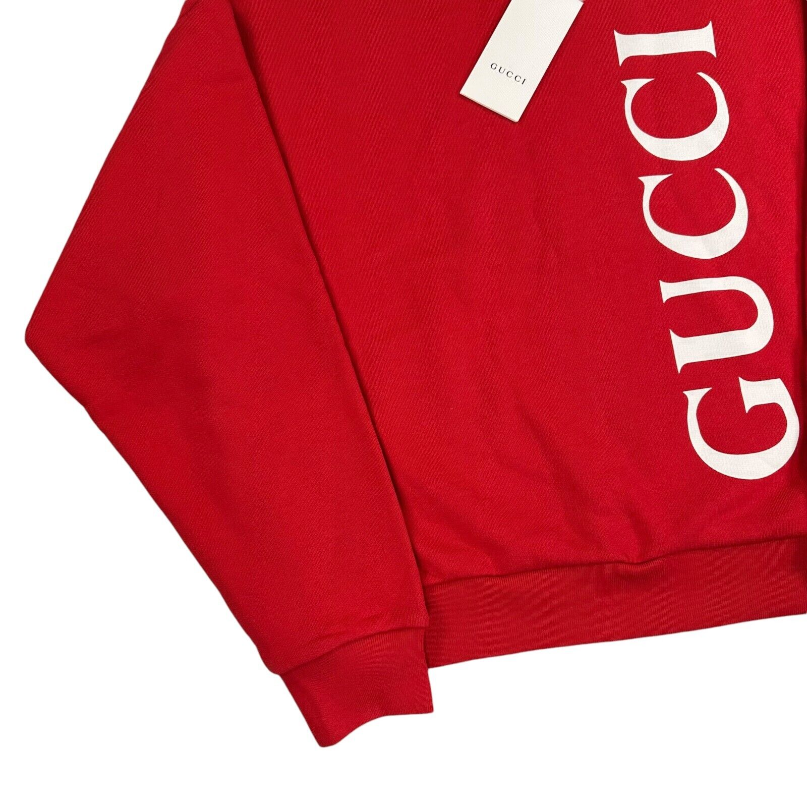 Gucci Size S Sweatshirt Rich Red Full Graphic Print Vertical Logo Pullover Crew