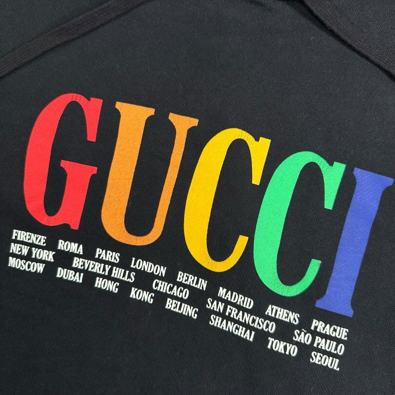 Gucci Size L Black Sweatshirt Cities Rainbow Logo Classic Hoodie Graphic Print