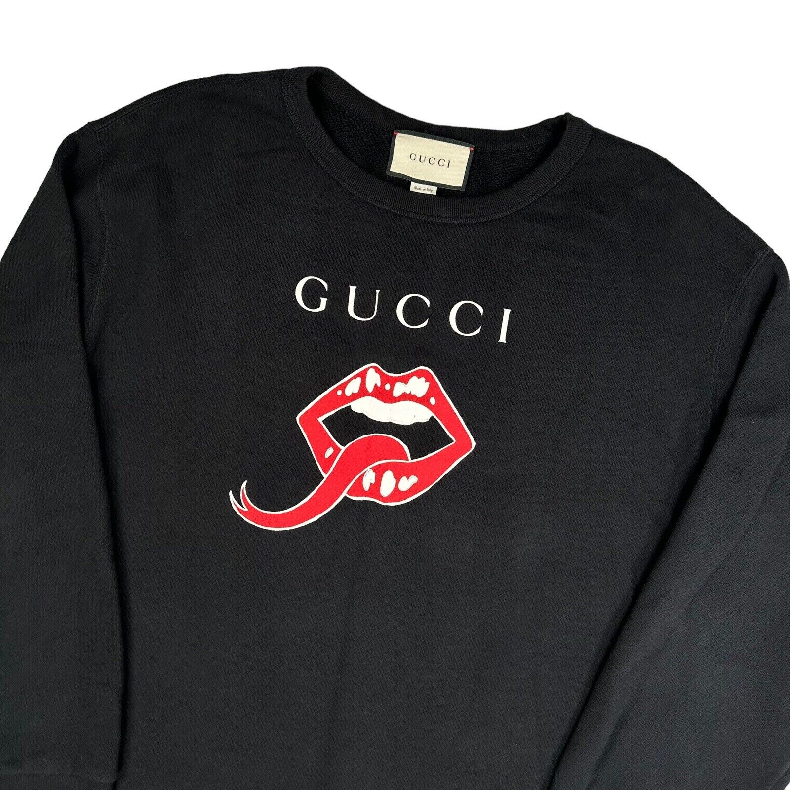 Gucci Size L Sweatshirt Black Lips Logo Graphic Print Round Neck Pullover