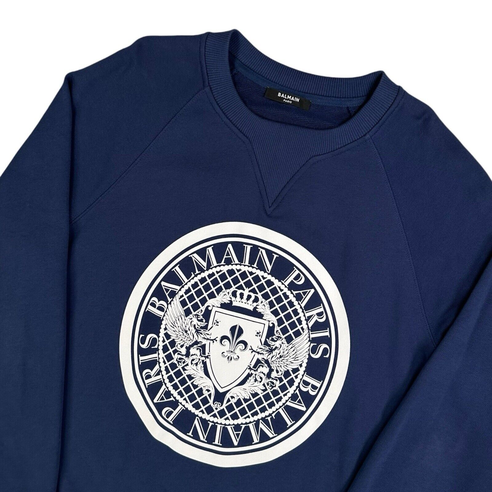 Balmain Size S Blue Sweatshirt Coin Logo Emblem Crewneck Light Navy