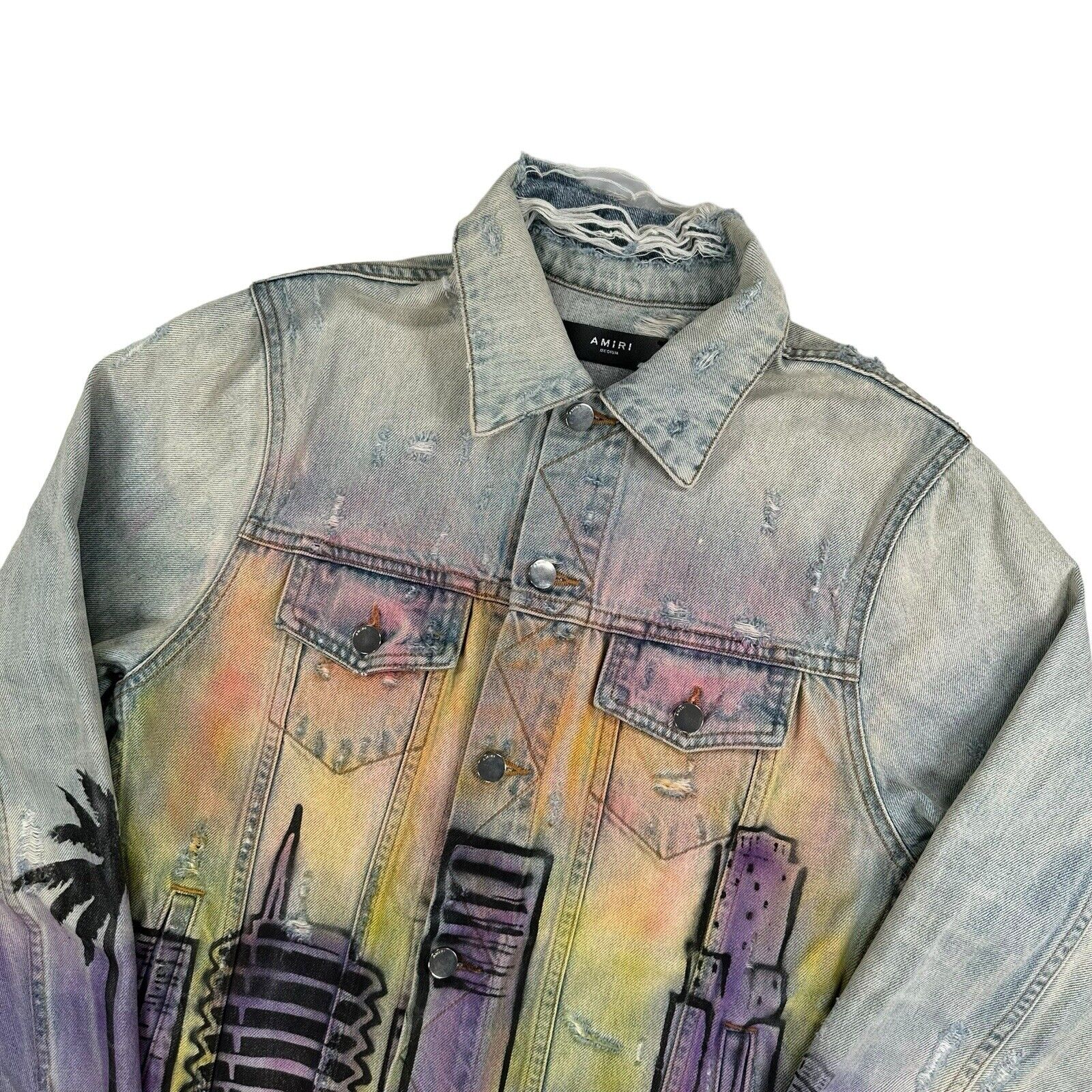 Amiri Size M Distressed Hollywood Back Logo Denim Jacket Light Blue Skyline