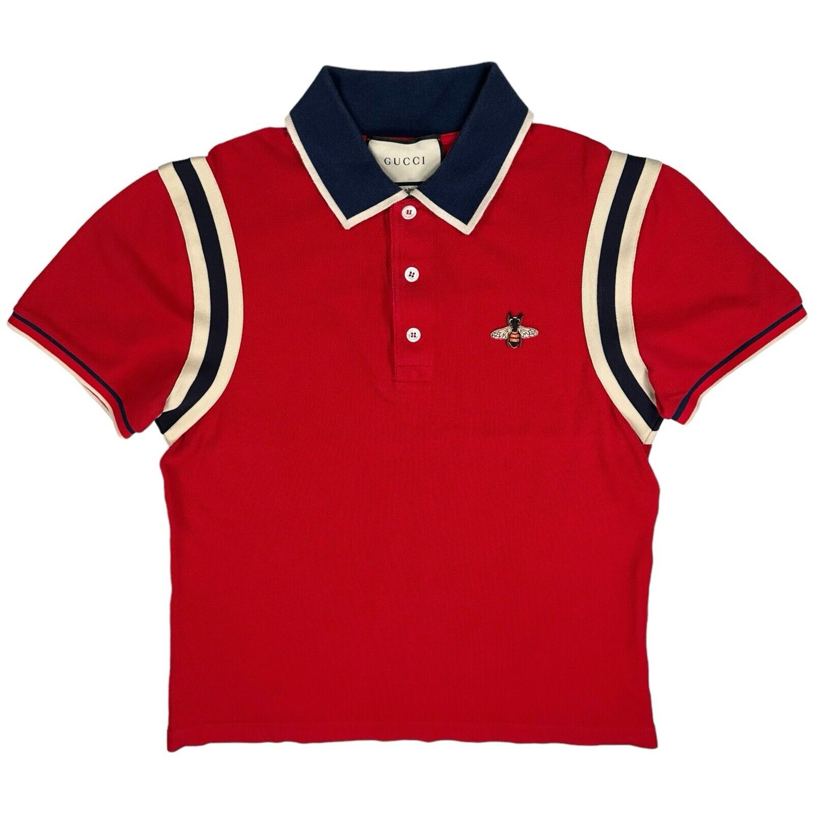 Gucci Size M Red Polo Shirt Bee Logo Embroidered Webbed Striped Shoulders