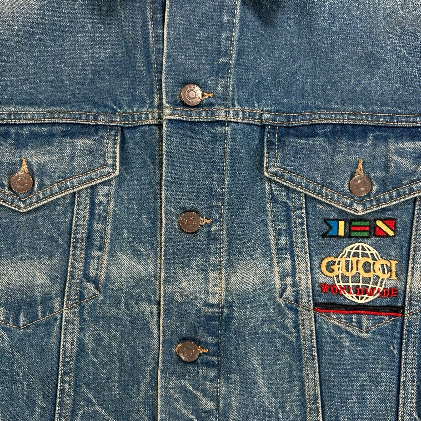 Gucci Size L Denim Jacket Blue Gucci Worldwide Flags Embroidered Logo Button Up