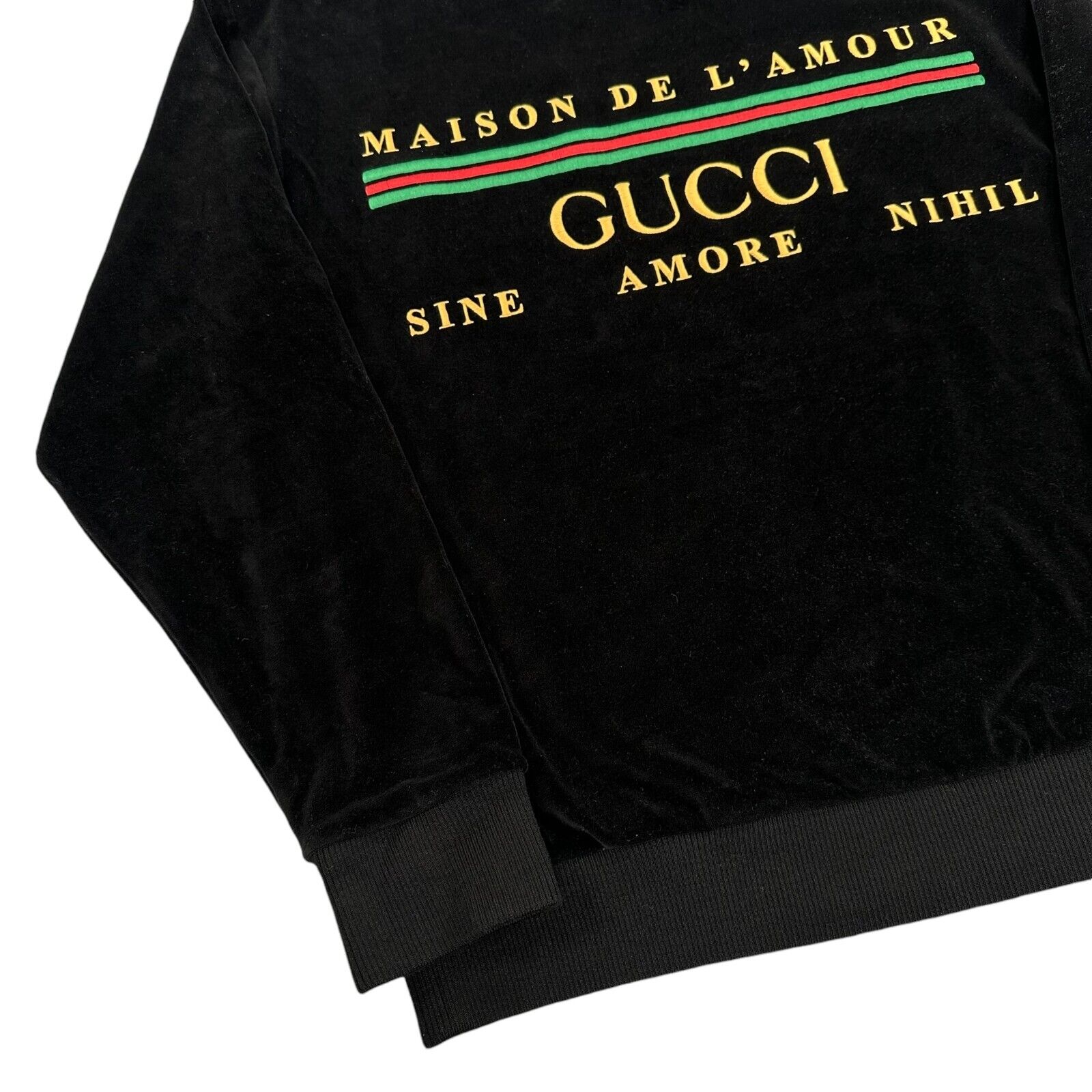 Gucci Size L Sweatshirt Black Velvet Maison De L'Amour Stripe Logo Heavy Crew