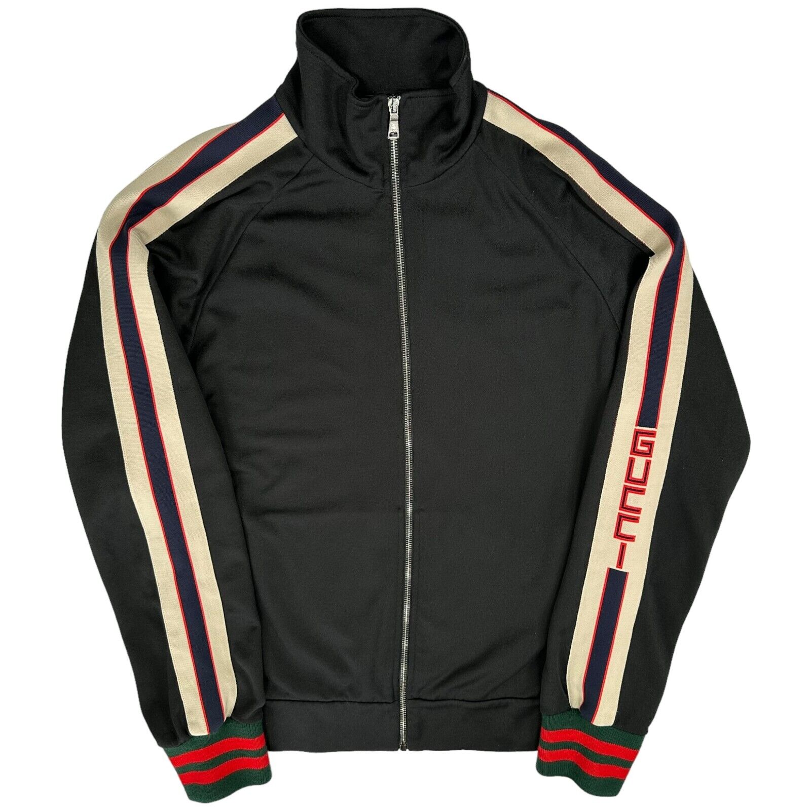 Gucci Size L Black Track Jacket Sleeve Logo Embroidered Zip Up Taped Windbreaker