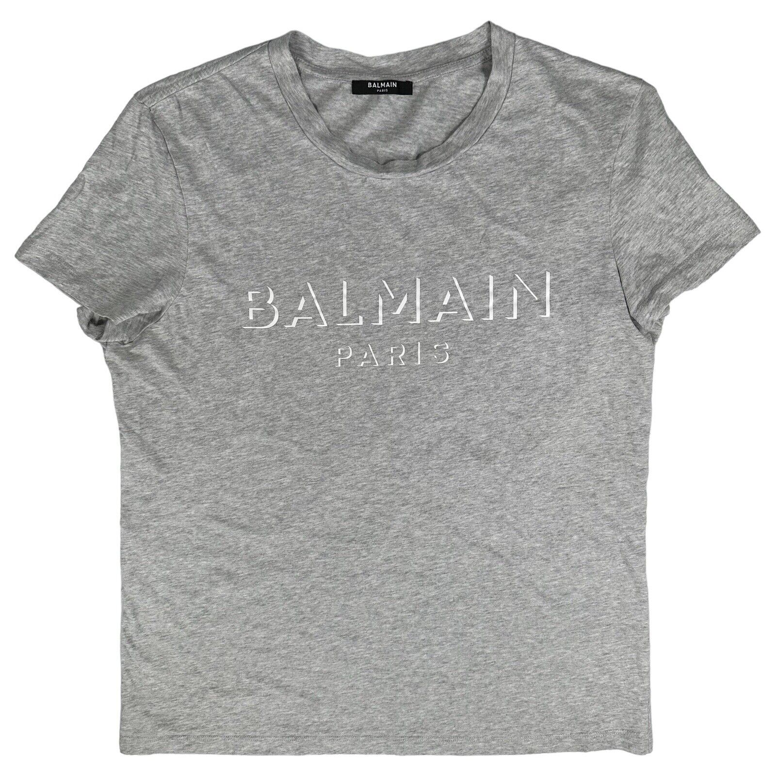 Balmain Size M T-Shirt Grey 3D Illusion Block Logo Cotton Tee Round Neck