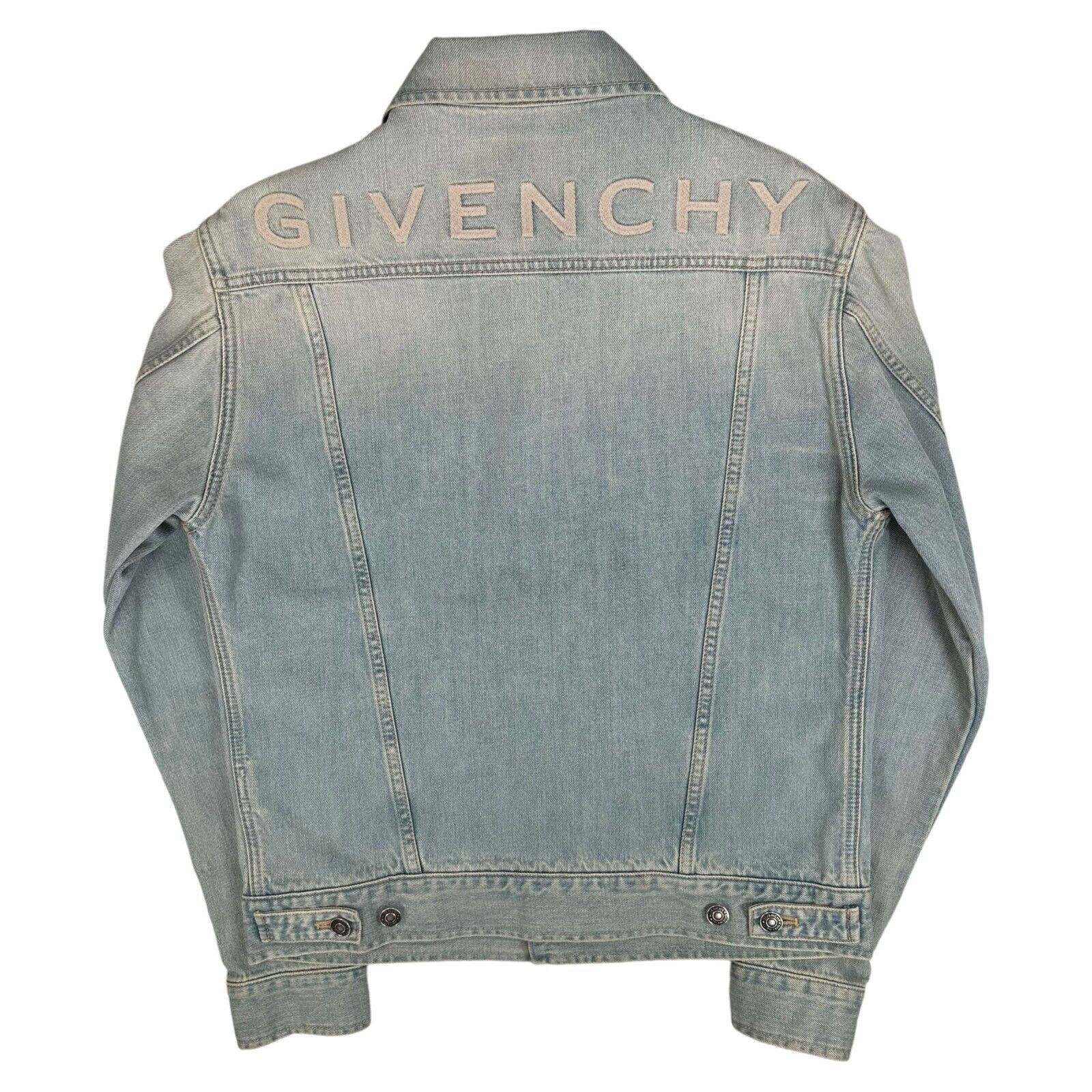 Givenchy Size M Light Blue Denim Jacket Fully Engraved Button Up Washed Out