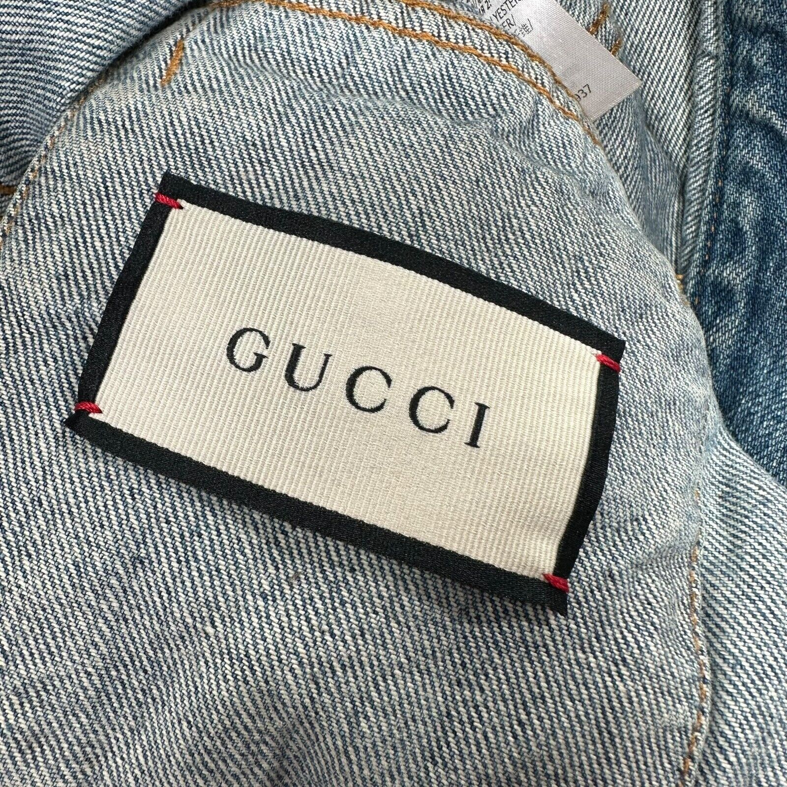 Gucci Size S Blue Denim Jacket Distressed Mon Petit Chat Embroidered Logo Button