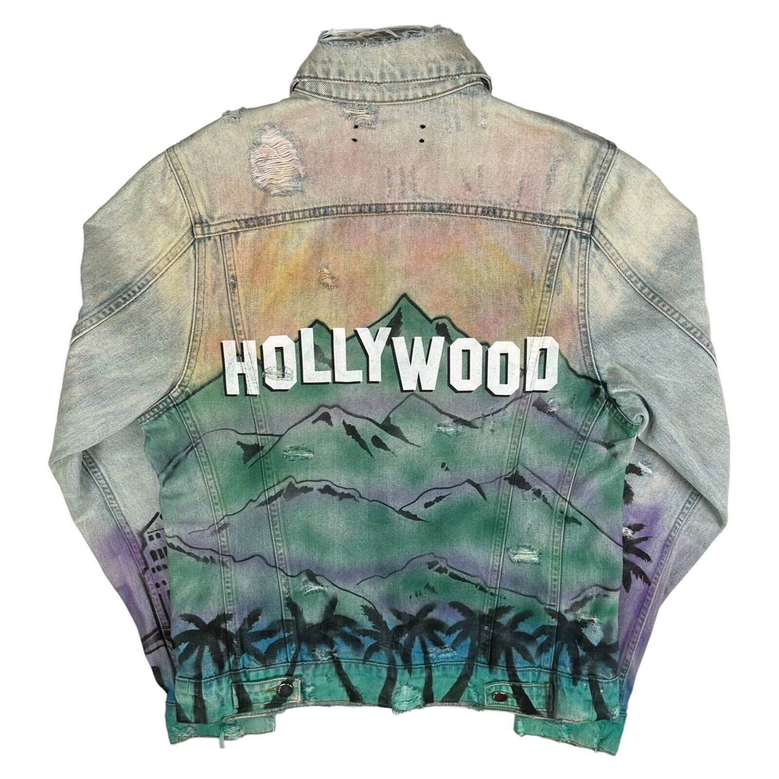 Amiri Size M Distressed Hollywood Back Logo Denim Jacket Light Blue Skyline