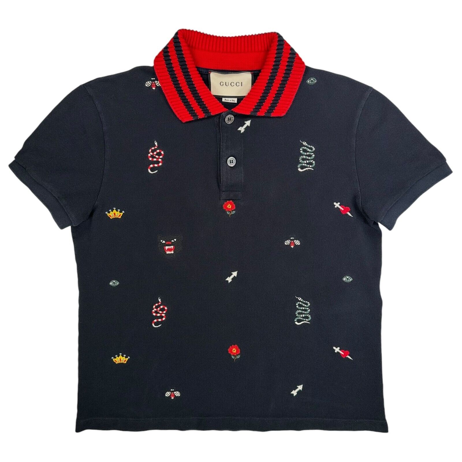 Gucci Size M Polo Shirt Navy Embroidered Motifs Logo Ribbed Wool Collar Button