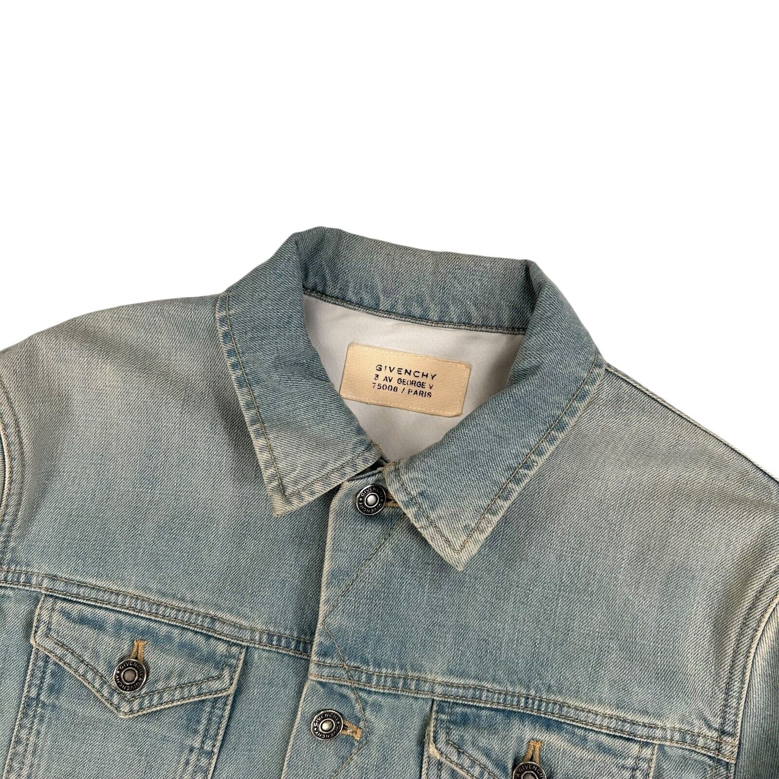 Givenchy Size M Light Blue Denim Jacket Fully Engraved Button Up Washed Out