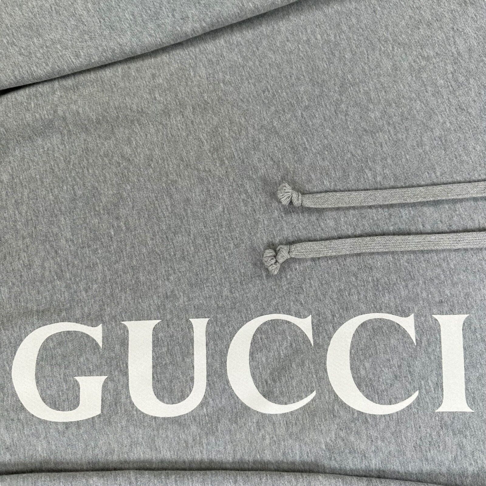 Gucci Size M Grey Sweatshirt Relaxed Fit Vertical Logo Graphic Print Drawstring