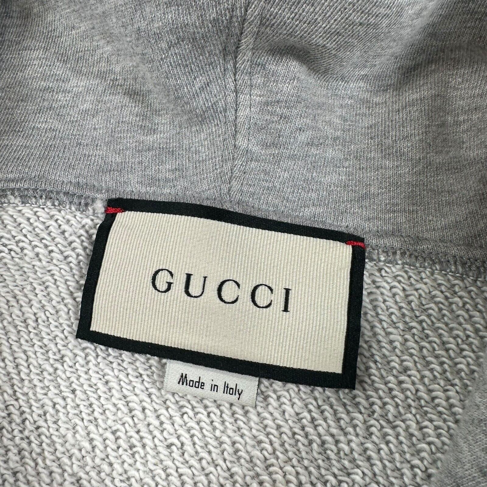 Gucci Size M Grey Sweatshirt Relaxed Fit Vertical Logo Graphic Print Drawstring