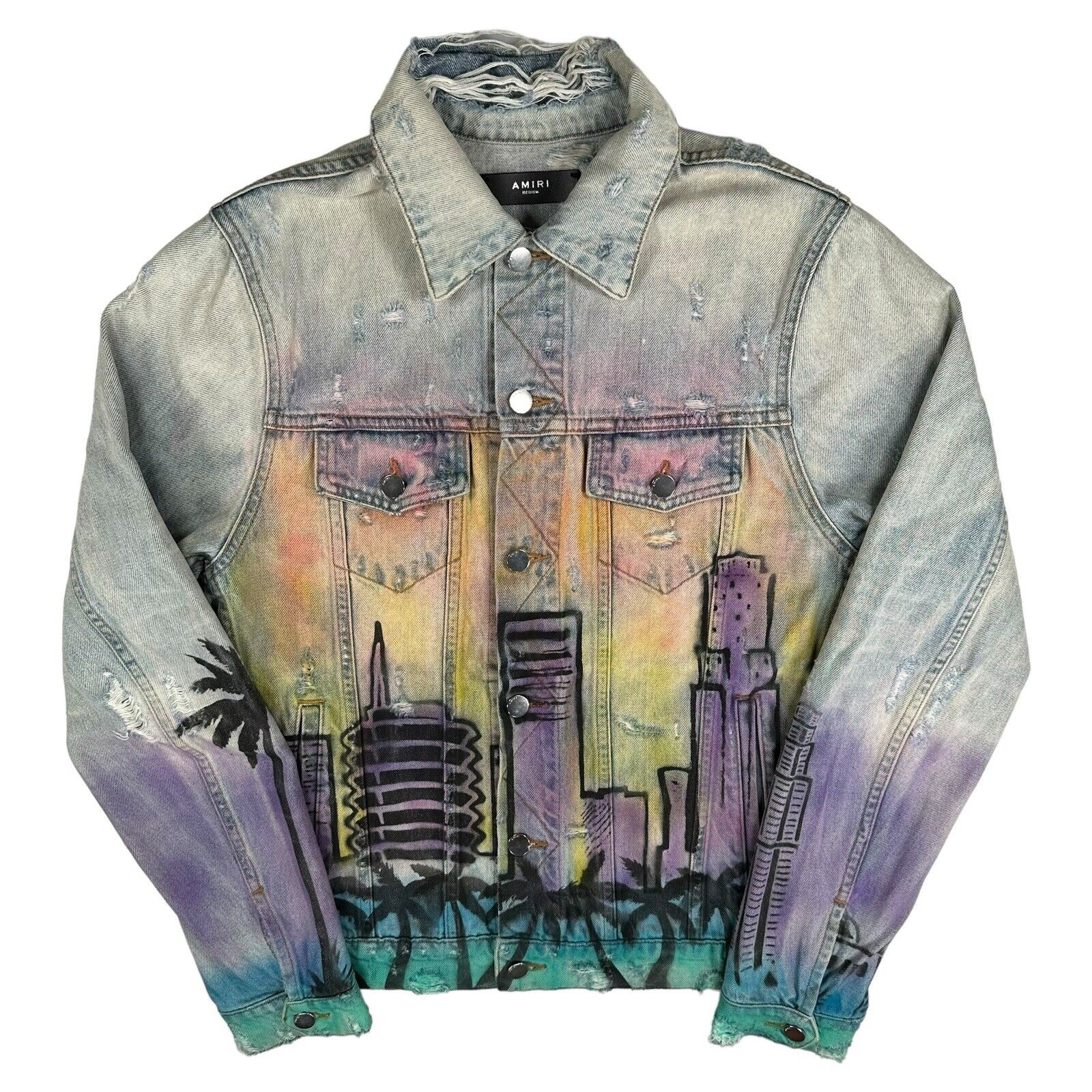 Amiri Size M Distressed Hollywood Back Logo Denim Jacket Light Blue Skyline