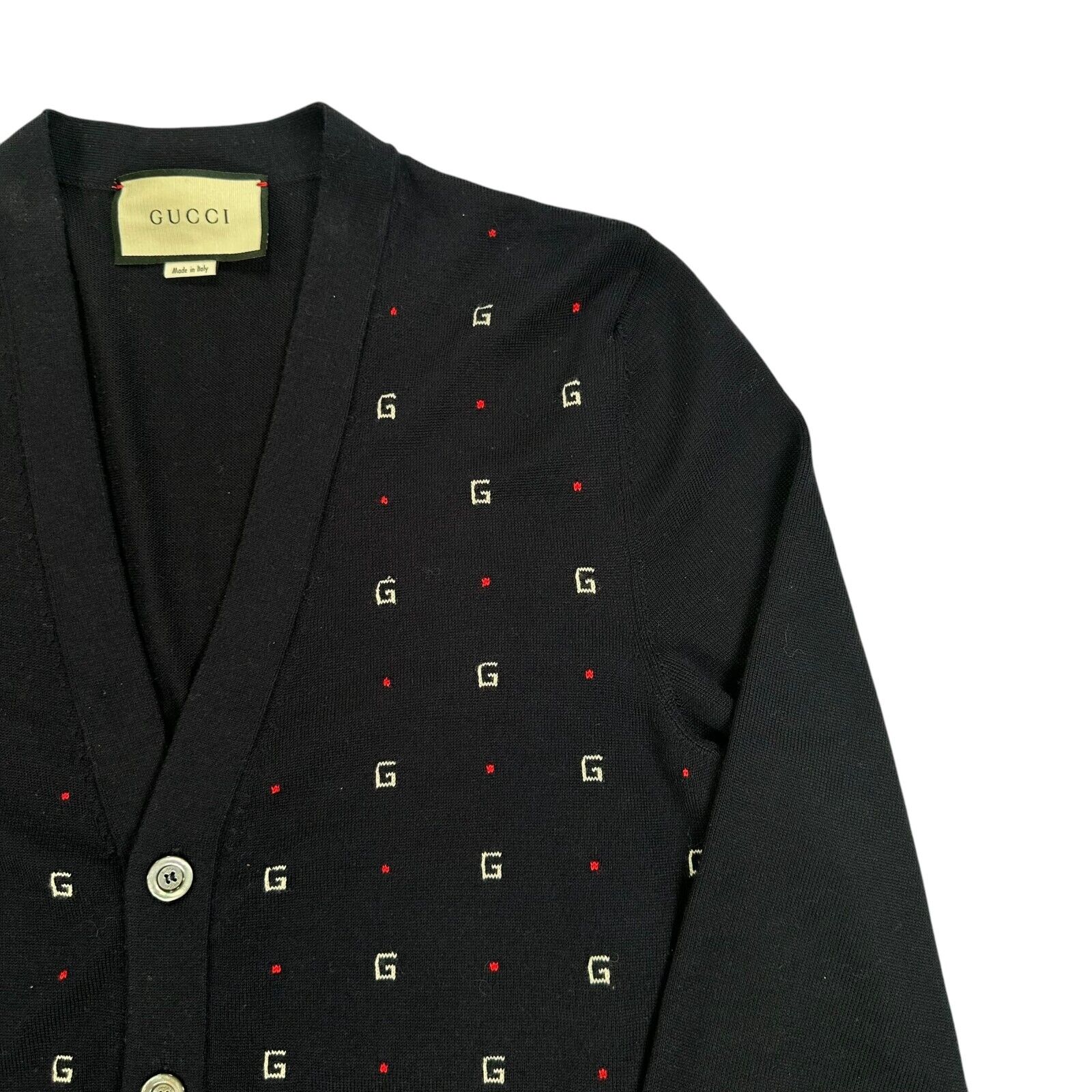 Gucci Size M Cardigan Navy Button Up Cashmere Wool GG Logo V-Neck Jumper