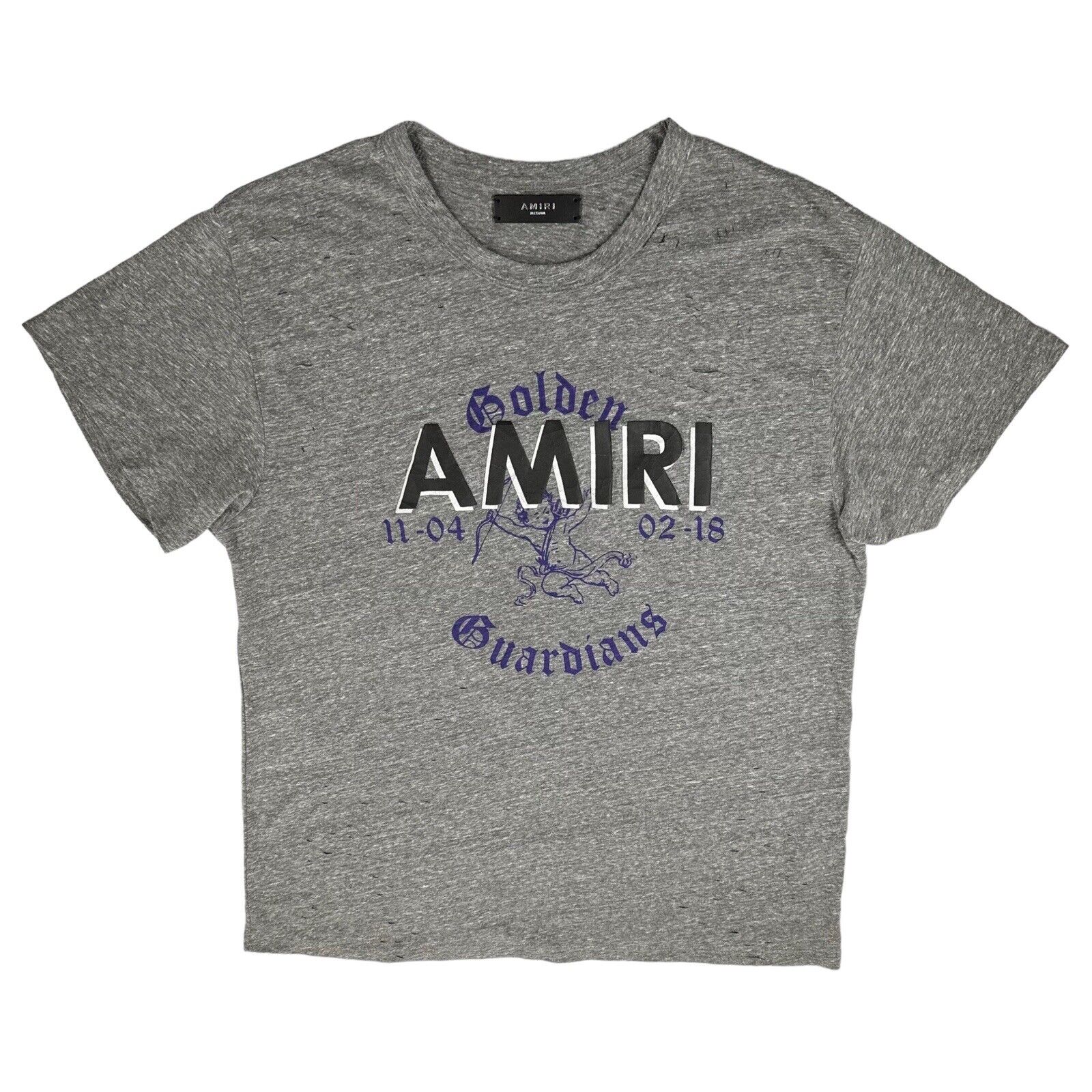 Amiri Size M T-Shirt Distressed Grey Golden Guardians Varsity Logo Cotton Tee