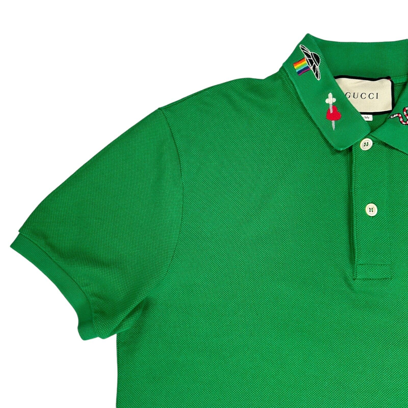 Gucci Size M Polo Shirt Apple Green Embroidered Motif UFO/Snake Logo Button Up