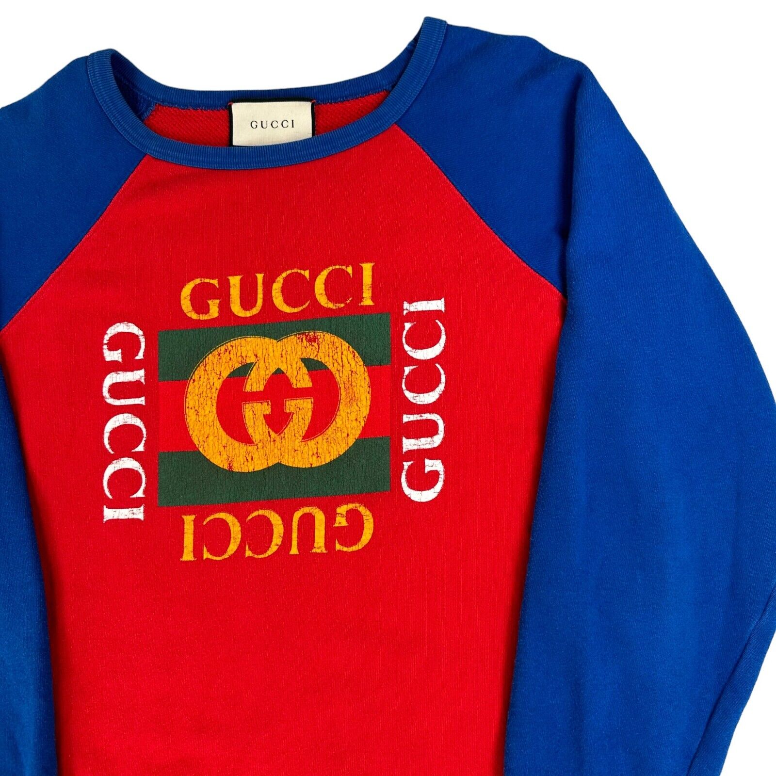 Gucci Size S Sweatshirt Red Blue Cotton Jersey Logo Print Pullover Crewneck