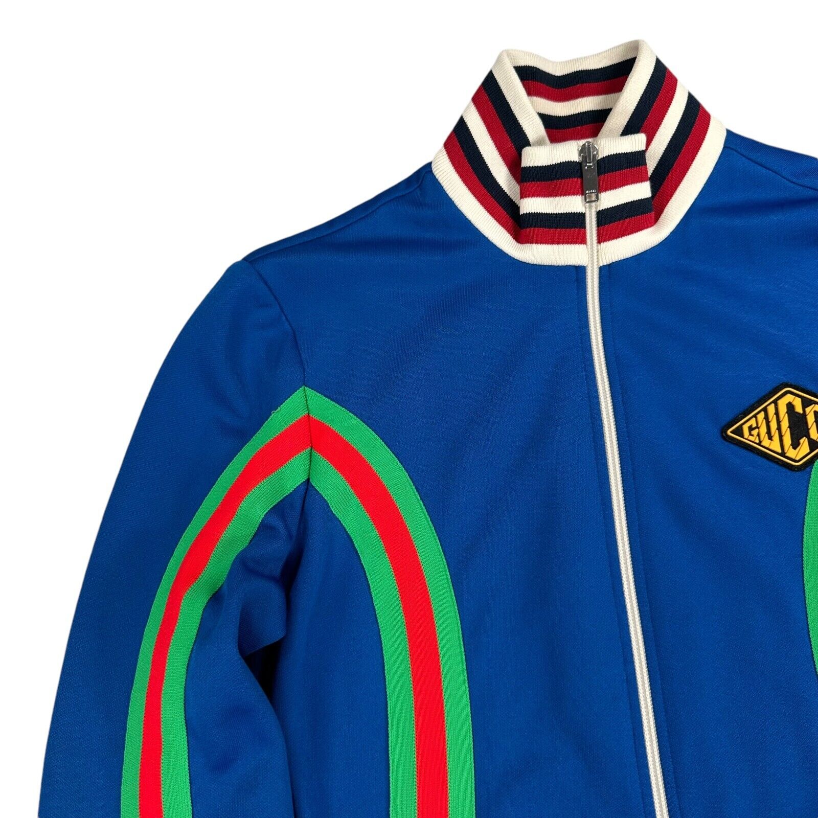 Gucci Size M Track Jacket Blue Fully Taped Striped Tennis Style Chest Logo Zip