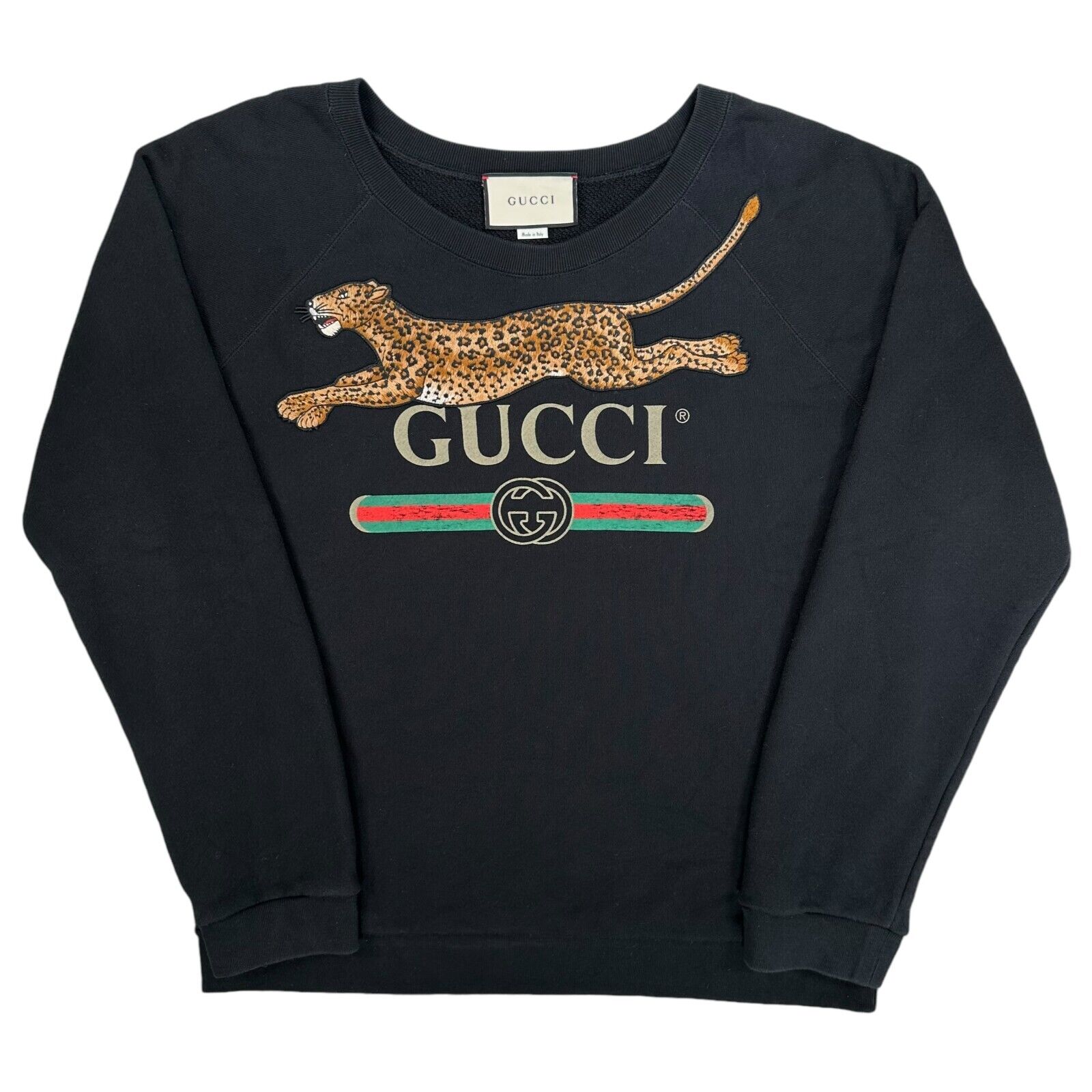 Gucci Size XL Sweatshirt Black Classic Chest Logo Embroidered Leopard Crewneck